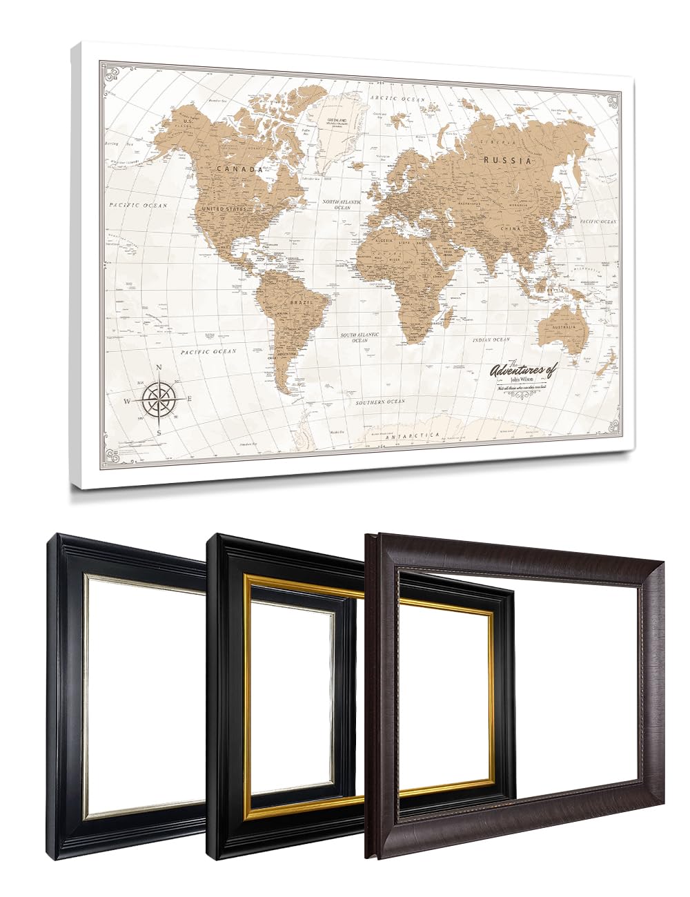 IPIC Personalized Vintage Framed World Map Pin Board, Image Size 24x16 in