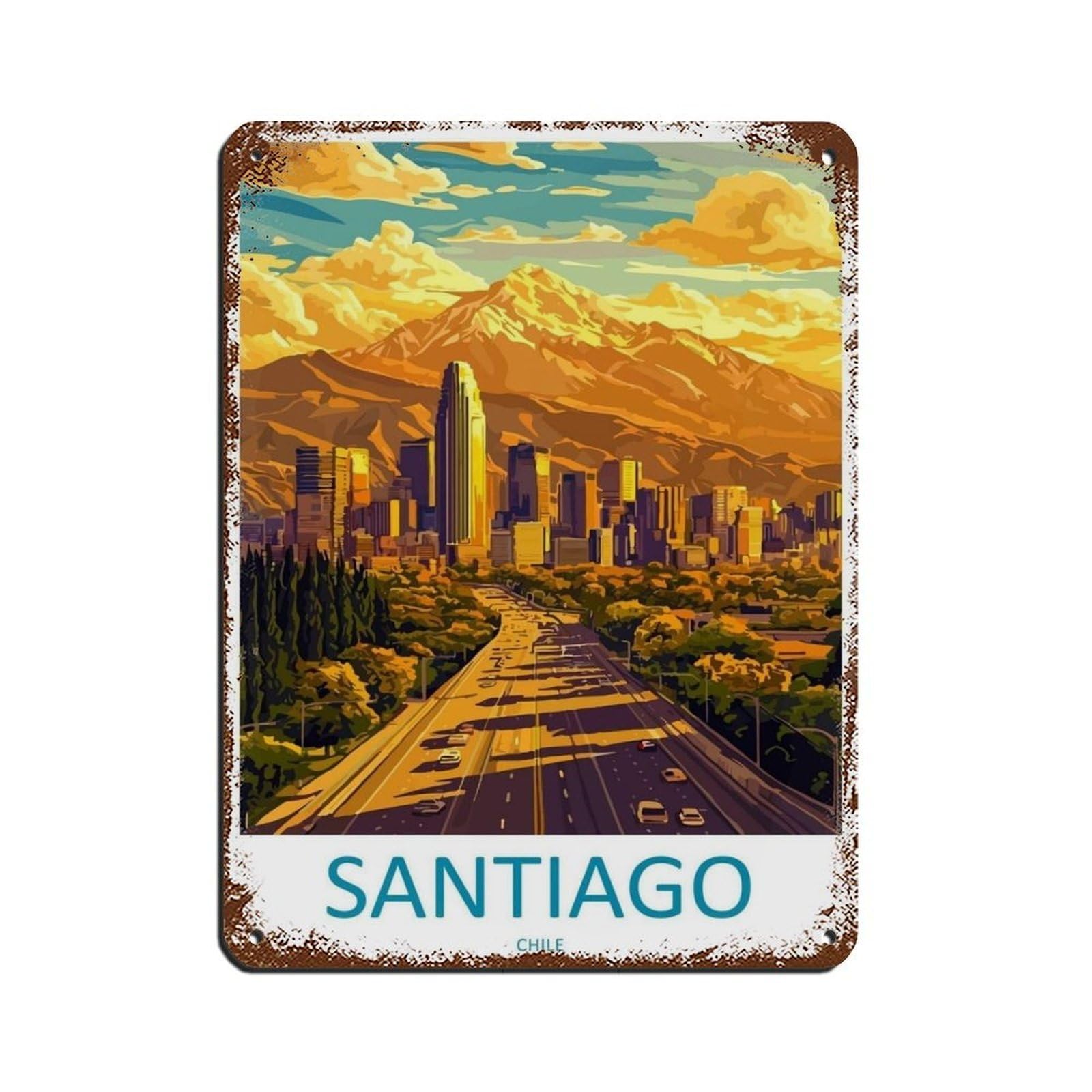 Santiago Chile Cartoon Travel Poster Tin Sign Vintage Metal Pub Club Cafe Bar Home Wall Art Decoration Poster Retro 12x16inch(30x40cm)