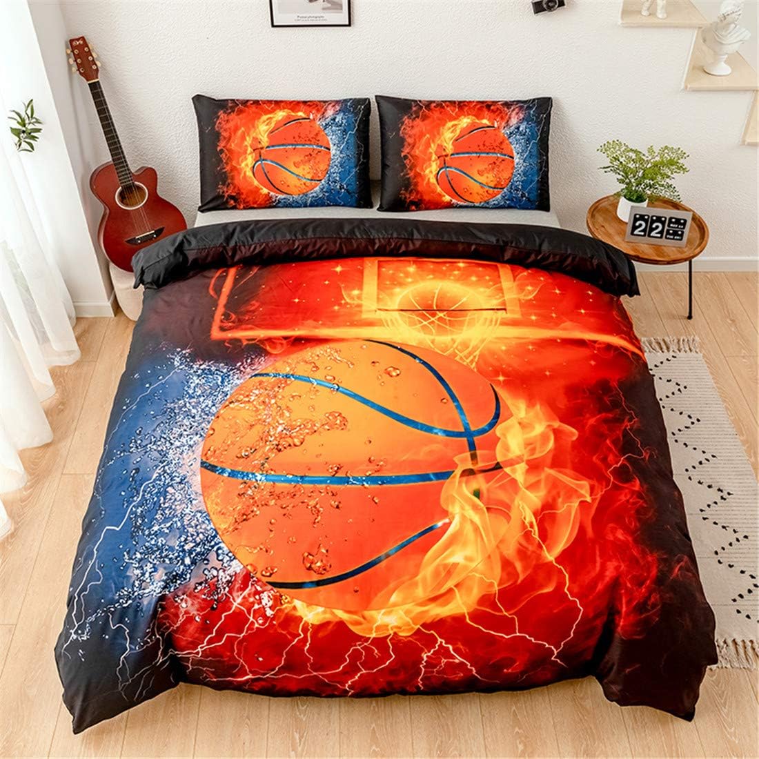 3D Sports Fire Basketball Bedding Set for Teen Boys,Duvet Cover Sets with Pillowcases,Twin Size 59”x83”,2PCS,1 Duvet Cover+1 Pillow sham