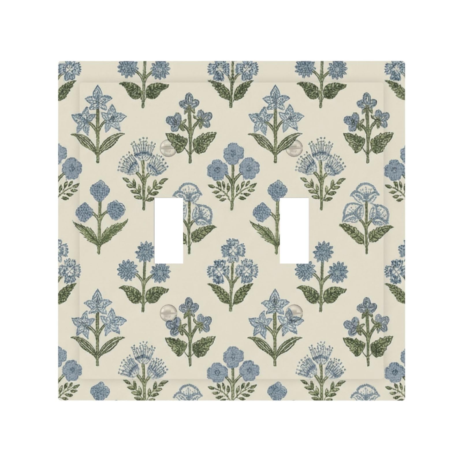 Beige Vintage Blue Floral Boho Flower Decorative 2 Gang Double Toggle Outlet Light Switch Cover, Two Gang Toggle Wall Plate Electrical Faceplate Dual Device Switchplate