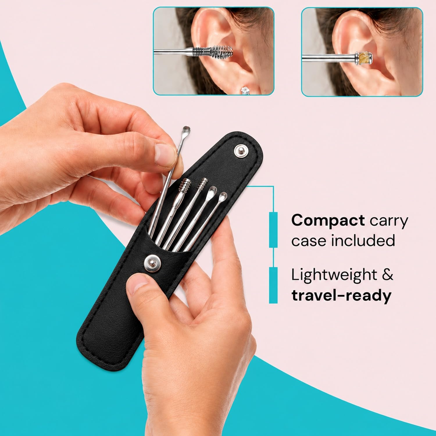Keli 6 Pcs Stainless Steel Ear Wax Removal Tool Kit with PU Leather Storage Case, Reusable & Portable Ear Pick Curette Set for Safe Cleaning & Care for Men, Women & Kids (Multicolor) 2