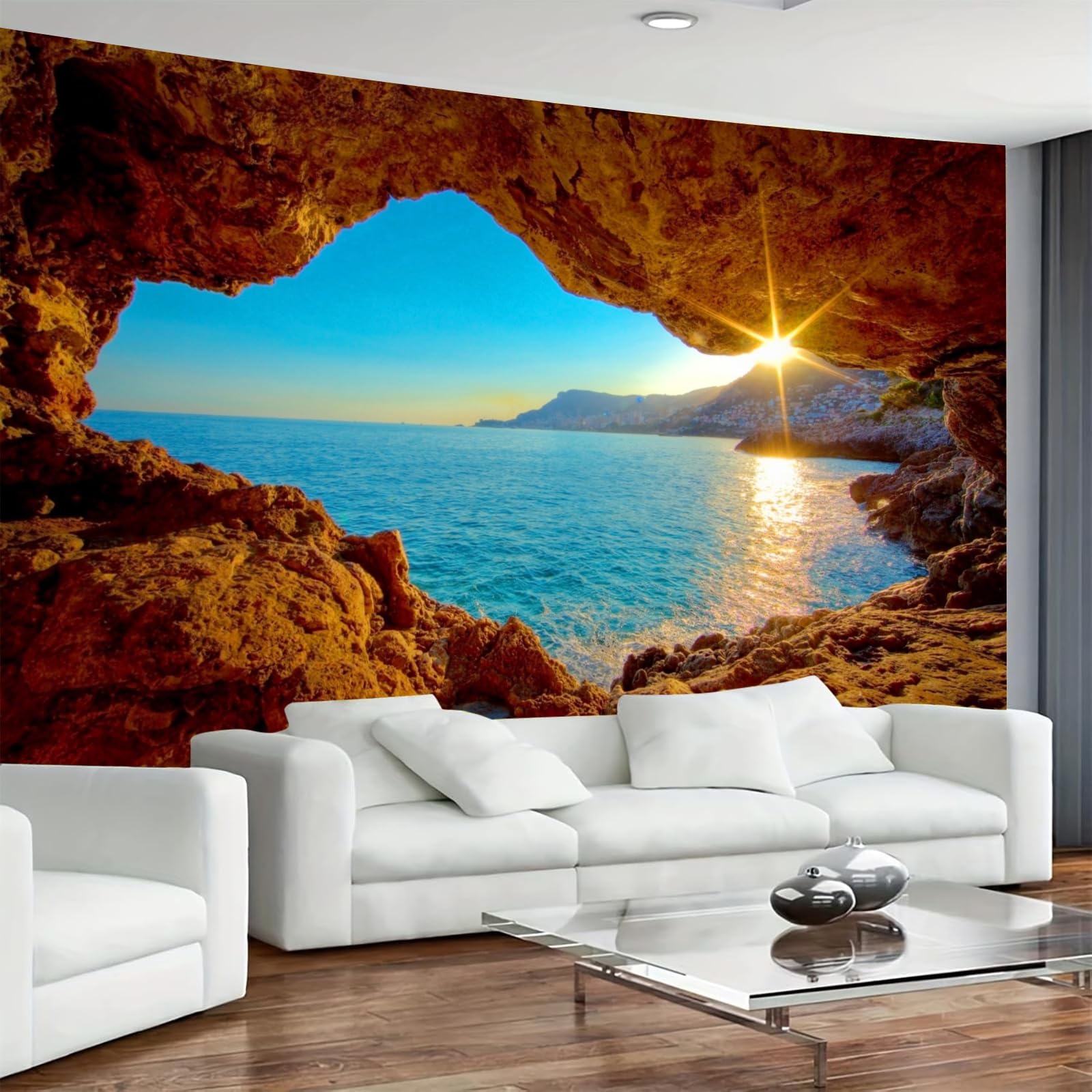 Calefee Arazzi da Parete Camera da Letto 150x130, Arazzo Grotta Tramonto Sul Mare Natura, Decorazione Murale per Soggiorno