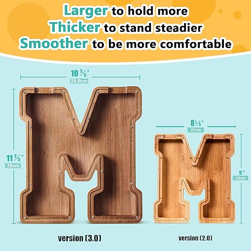 Miniatura 234 de SummiDate Alcancía de madera con nombre, niños y niñas, tamaño grande, letras alfabeto A-Z, monedas y billetes, inicial en cubierta transparente