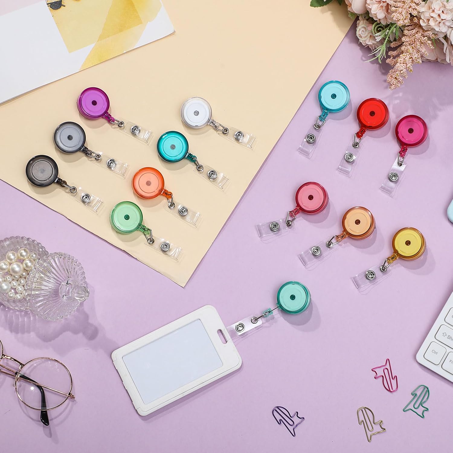 Zhanmai 48 Pcs Retractable Badge Reel 25 Inches ID Badge Clip with 360 Degrees Swivel Alligator Clips Mixed Colors Retractable ID Reel for Students Nurse Hanging Card Name(Transparent)