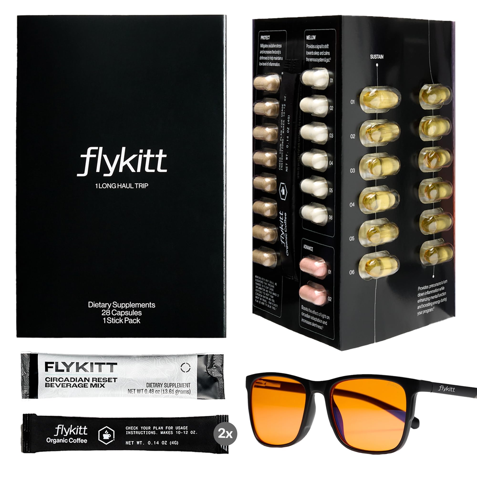 Flykitt Jet Lag Prevention System | Flight Essentials with App-Controlled Personalized Supplement Schedule and Blue Light Filtering Glasses | Prevent Jet Lag for a Full Roundtrip