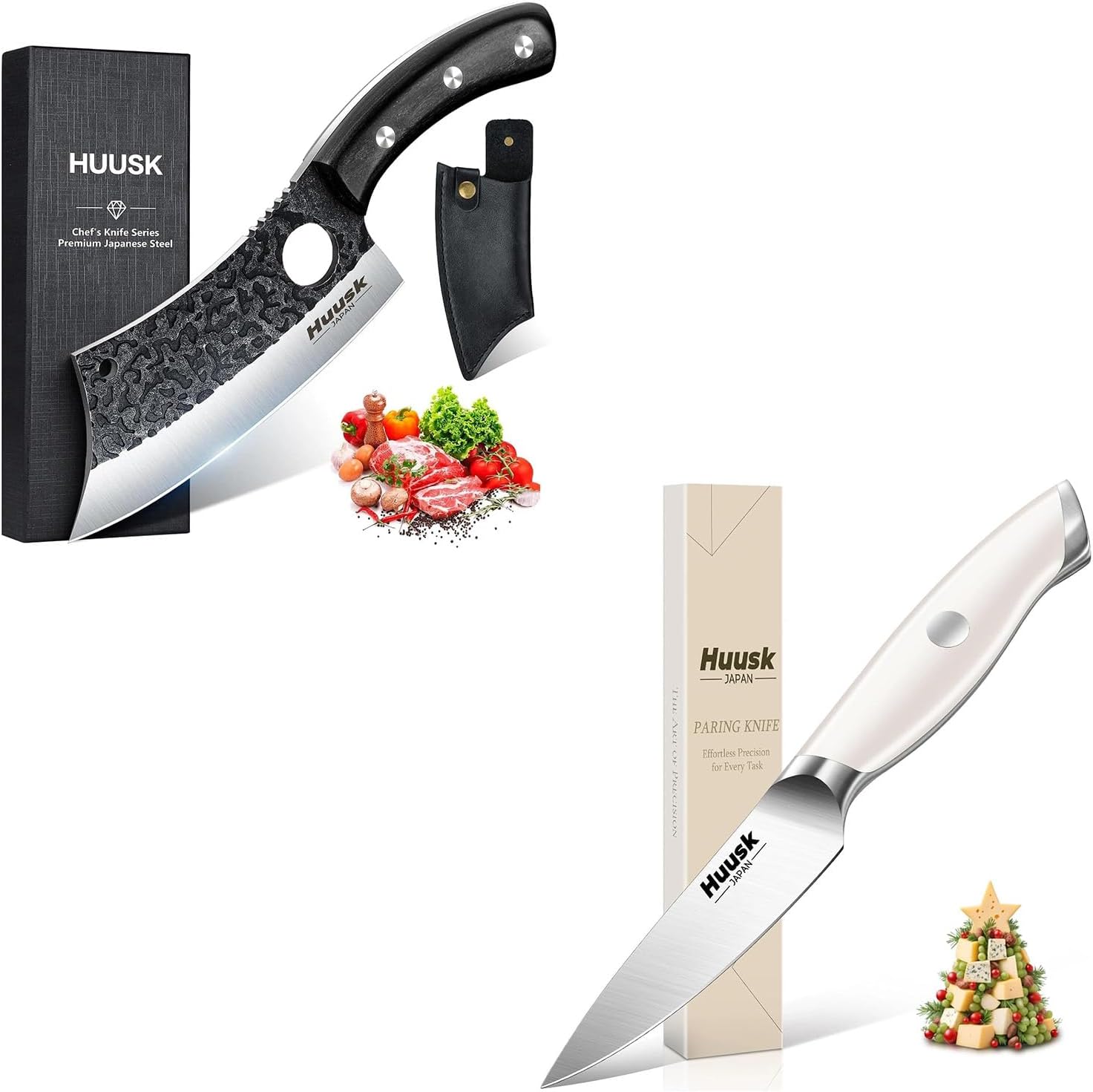 Huusk Knives Japan, Hand Forged Meat Cleaver Knife with Sheath,Paring Knife Ultra Sharp, 3.5" Small Kitchen Knife
