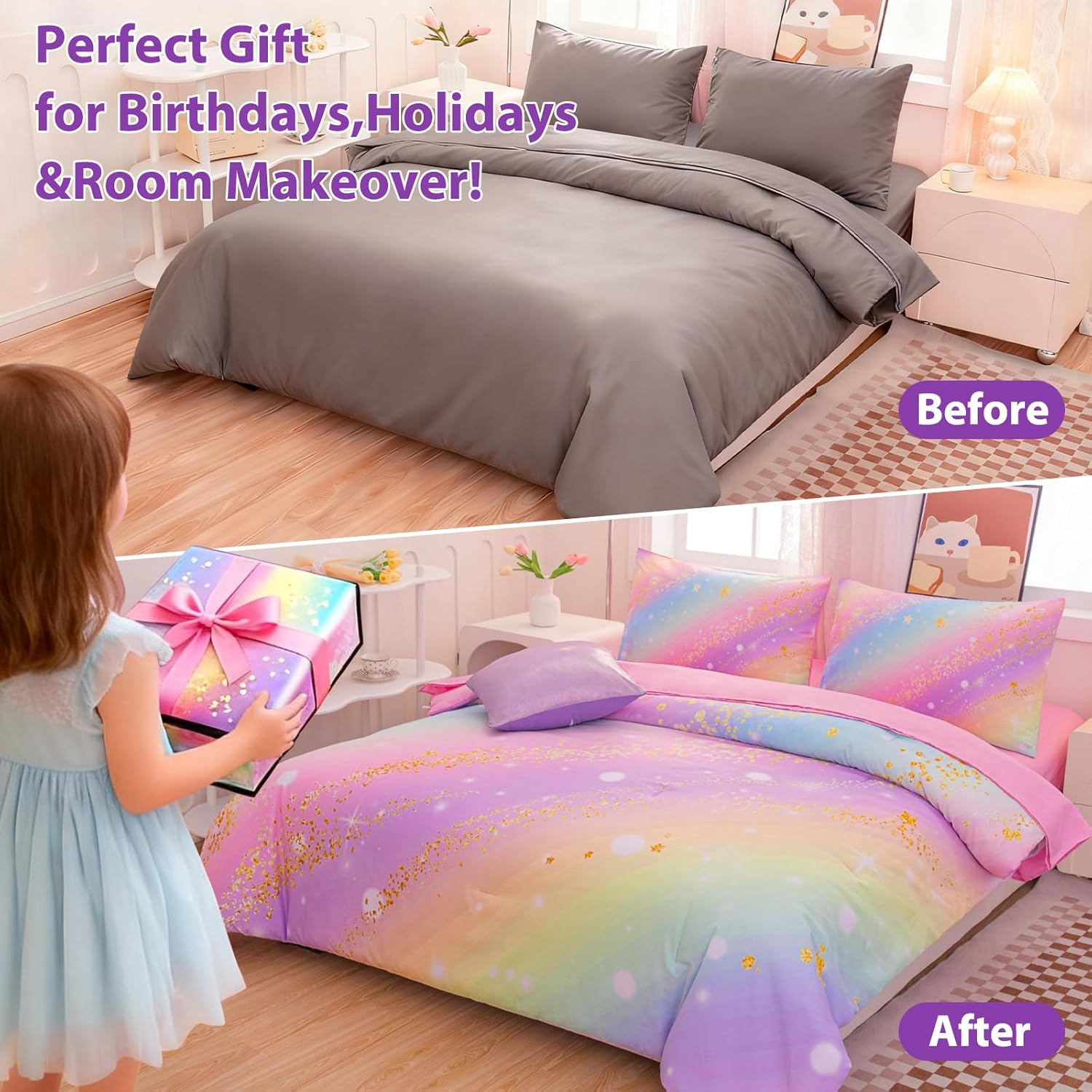 Rainbow Bedding Set Full Size – 6-Piece Reversible Girls Comforter with Deep-Pocket Sheet, Gradient Galaxy Design, Whole-Piece Filling, Machine Washable Bed-in-a-Bag for Kids Room Makeover & Gifts - Image 5