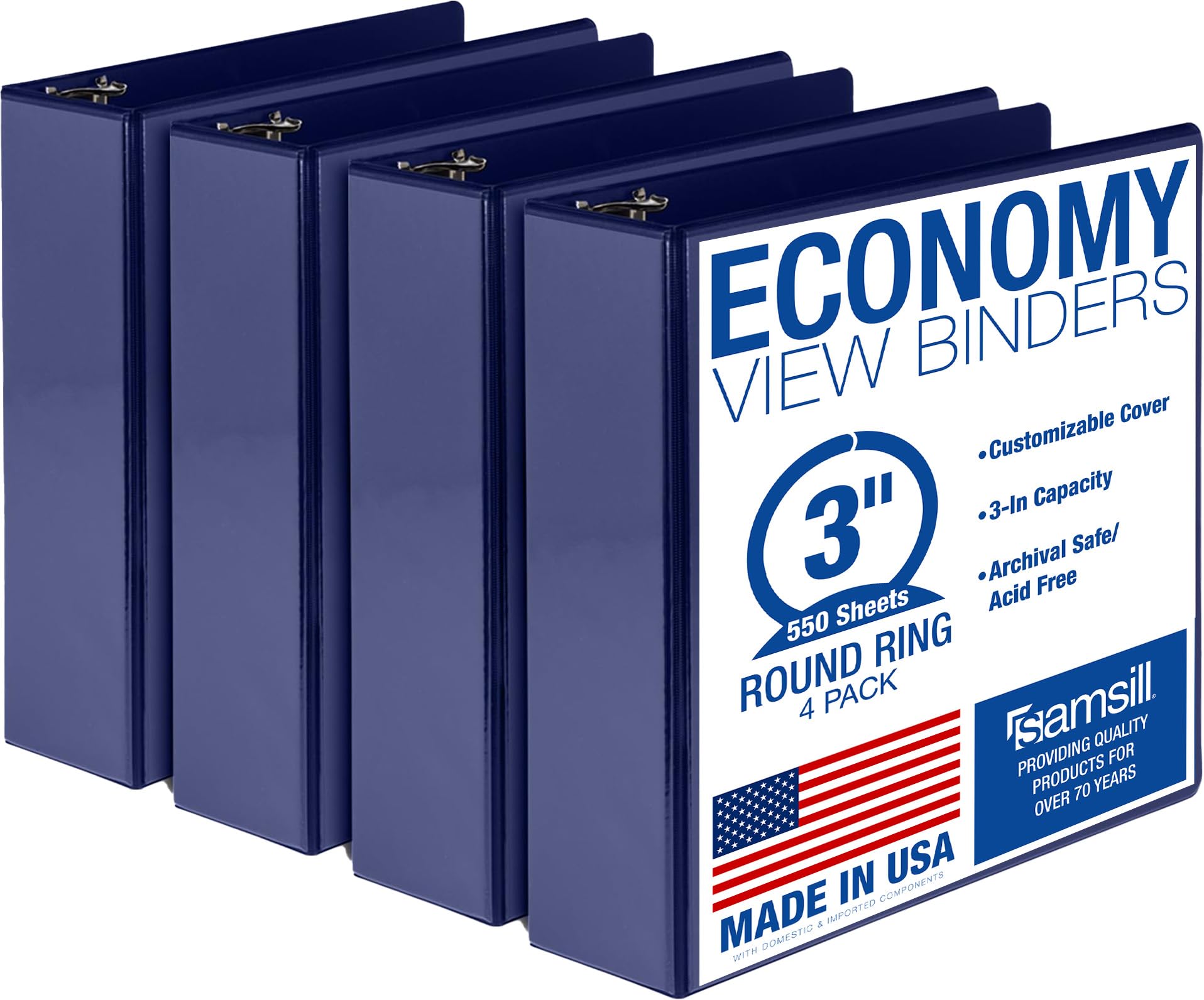 Samsill 3 Inch 3 Ring Binders, Economy Round Ring, Clear View Cover, 550 Sheet Capacity - for School, Home, Office - Blue, 4 Pack
