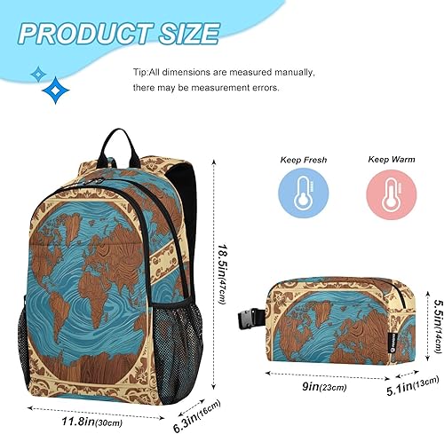Miniatura 2 de Mochila de mapa del mundo antiguo para la escuela con bolsa de almuerzo Mochila escolar para niños con lonchera 10-12 mochilas y loncheras escolares