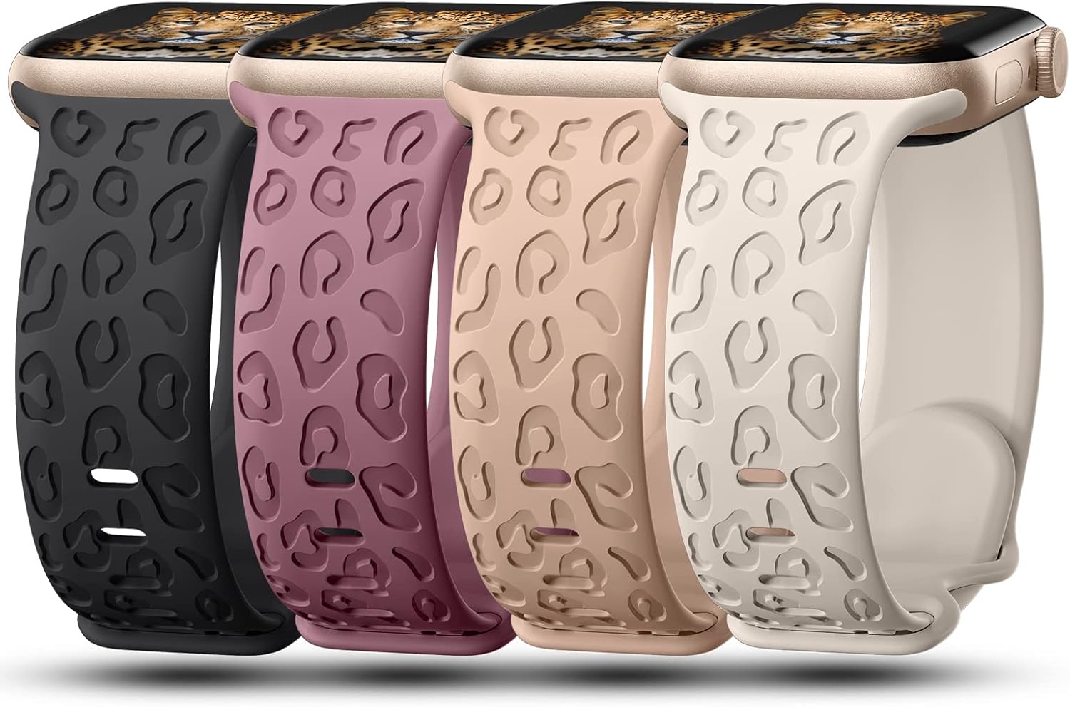 4Pack Leopard Engraved Bands Compatible with Apple Watch Band for women 40mm 41mm 42mm 38mm 44mm 45mm 46mm 49mm, Soft Silicone Cheetah Sport Strap for iWatch Series 10 9 8 7 6 5 4 3 2 1 Ultra/2 SE Black,Smoke Violet,Walnut,Starlight 38/40/41/42mm(Series 10)