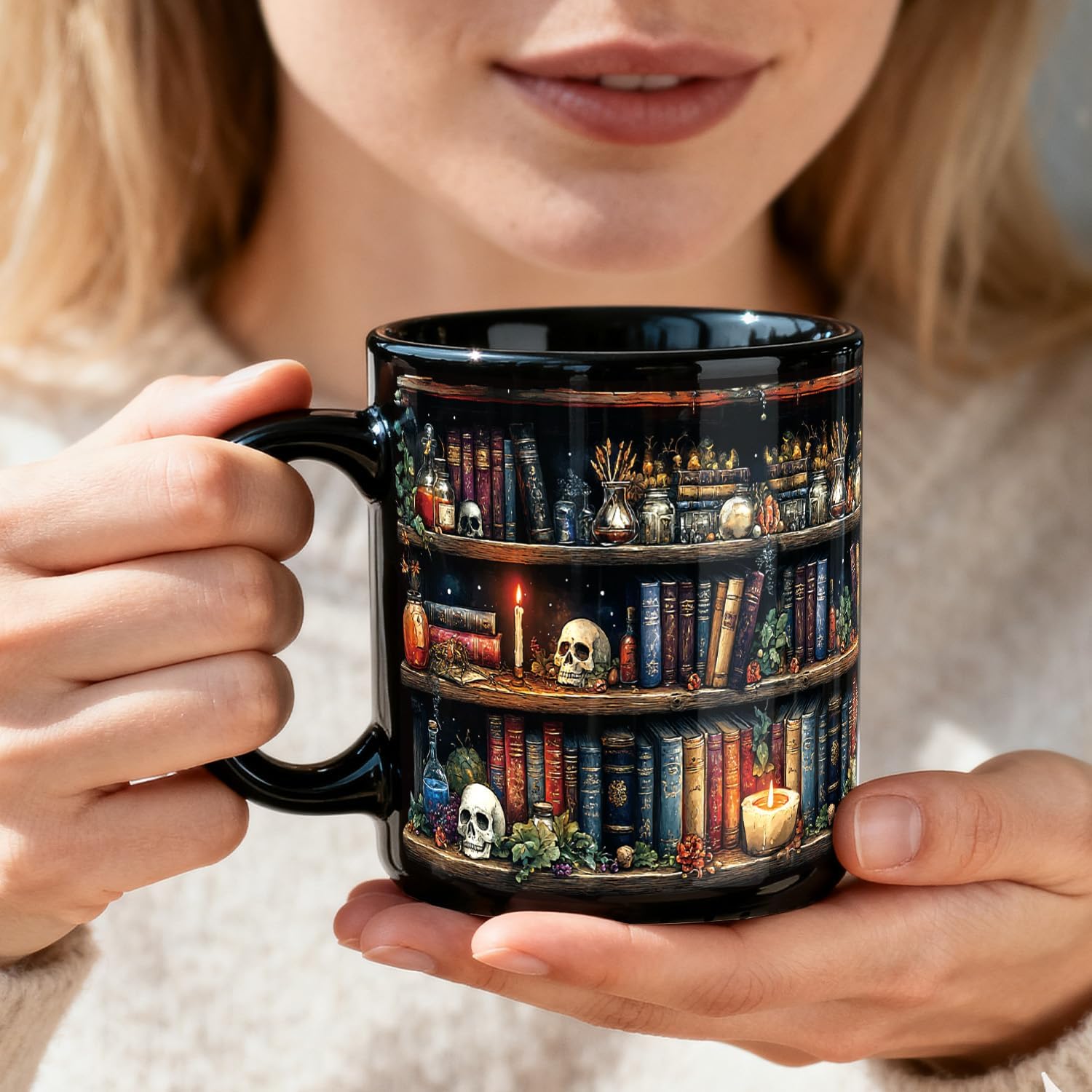 Skull Bookshelf Coffee Mug Gifts for Book Lovers Women, Witch, Goth Decor Halloween Cup With Skulls Cup Gothic Gift for Men, Dad, Mom image 2