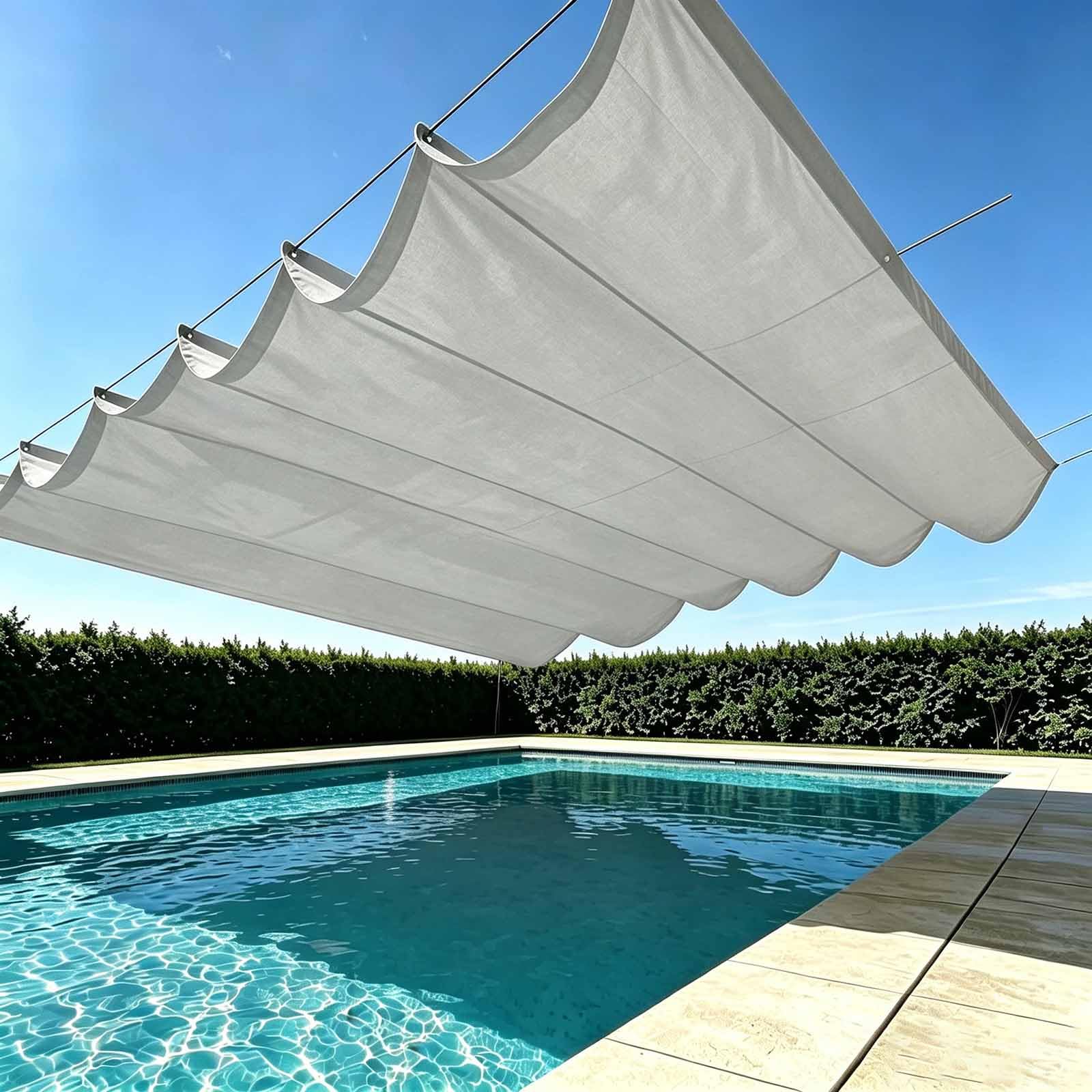 Auvent ondulé 150x475cm gris clair en toile PES imperméable et résistante aux UV