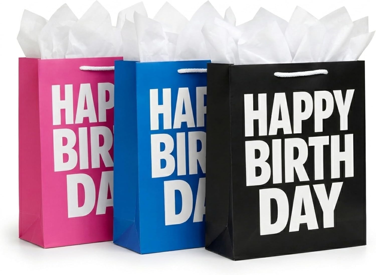 Birthday Gift Bag with Tissue Paper – Medium/Large Color Gift Bag with Handles (Pink, Blue, or Black) – Premium Paper Gift Bag for Birthday Gifts, Party Supplies, Gift Wrapping Alternative (3 COLORS)