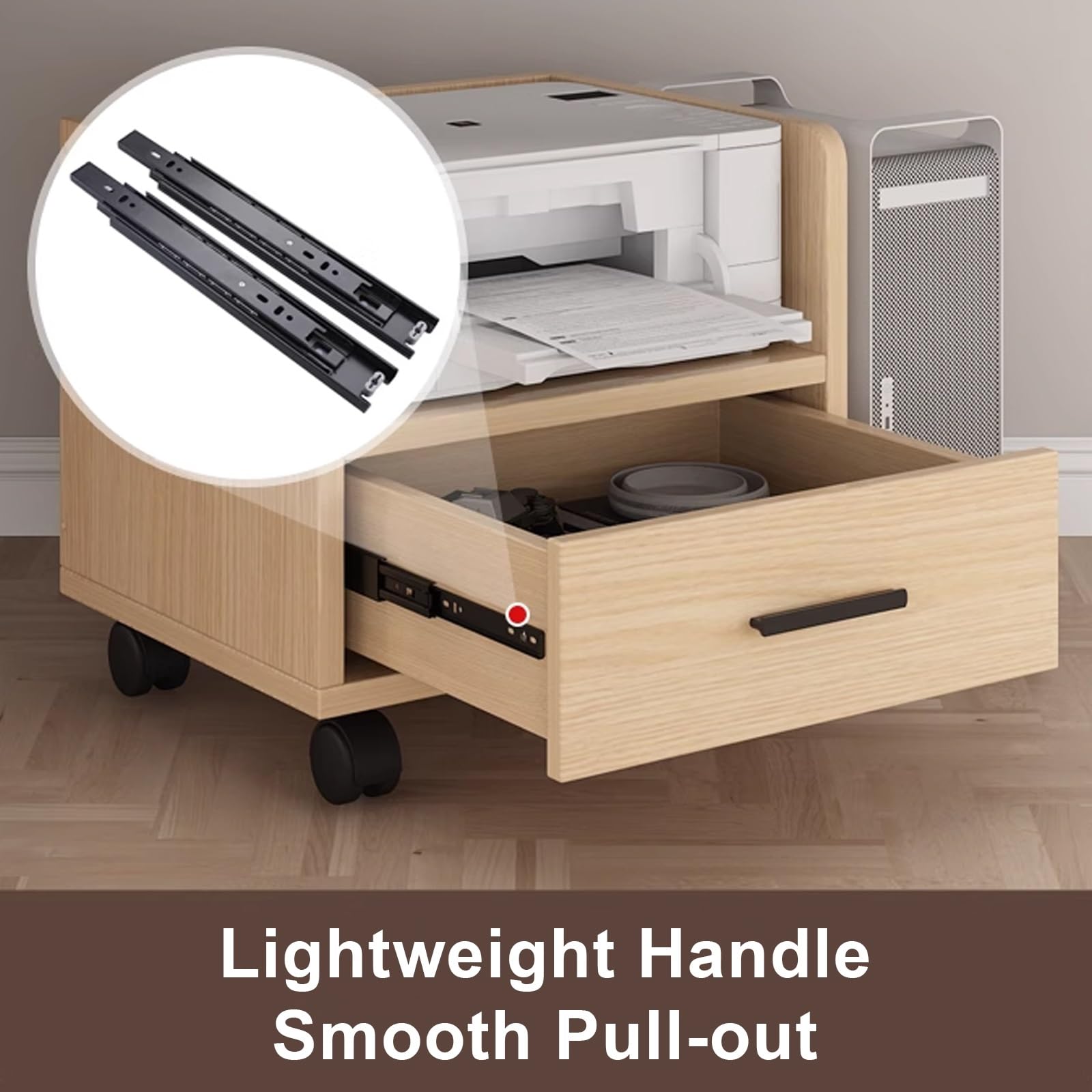 Mesa para Impresora con Ruedas Tablero Ecológico de Madera Maciza Muebles Oficina con Cajones de Almacenamiento para Hogar Estudio Montaje Flexible(Natural,53 * 40 * 45cm)