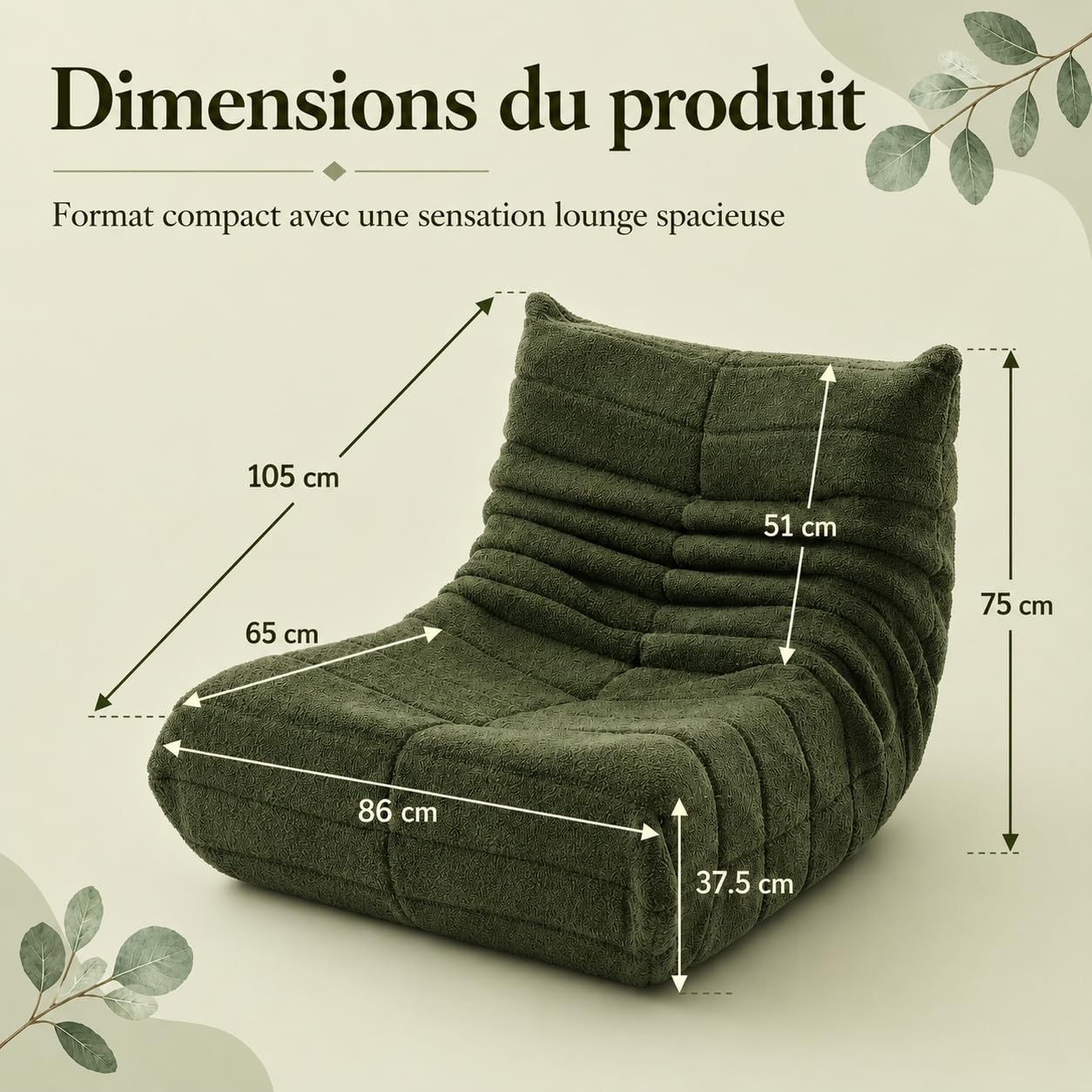 Pouf de sol, canapé Togo au design ergonomique, canapé relax avec revêtement en fausse fourrure et mémoire super moelleuse, pour chambre à coucher, salon (vert)