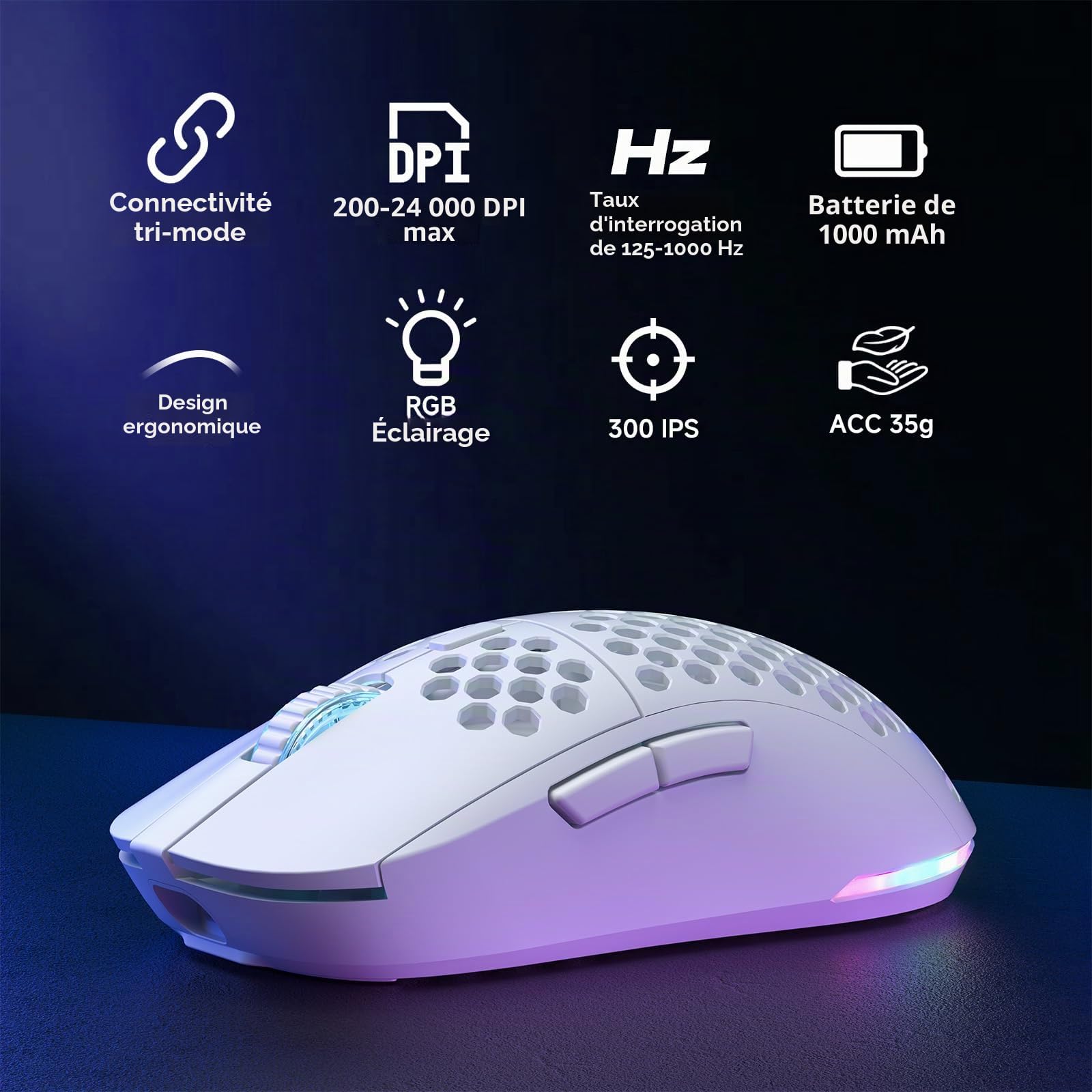 Dierya x TMKB M1 Souris de Jeu sans Fil, Capteur Optique 24 000 DPI, Léger 90g, 6 Boutons Programmables, Éclairage RGB, Autonomie 180H, 2.4GHz/Bluetooth/USB-C Souris Gamer, Blanc