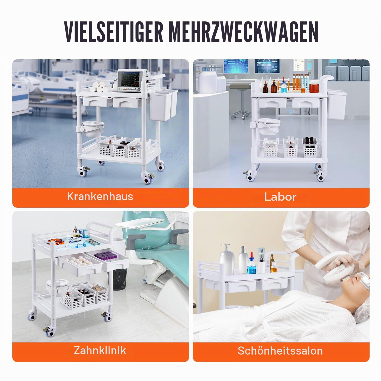 VEVOR Laborwagen Medizinwagen mit 2 Ablagen, 2 Schubladen und 4 Rädern, Rollbarer Laborwagen PP-Material, 50 kg belastbarer Servierwagen mit 3 Mülleimern für Labor, Klinik, Krankenhaus, Salon, weiß