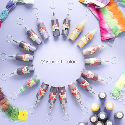 Miniatura 5 de Hearth & Harbor Kit de teñido anudado para niños y adultos, 197 piezas, 18 colores, incluye 18 botellas, 120 bandas de goma, 1 embudo, 1 guía y