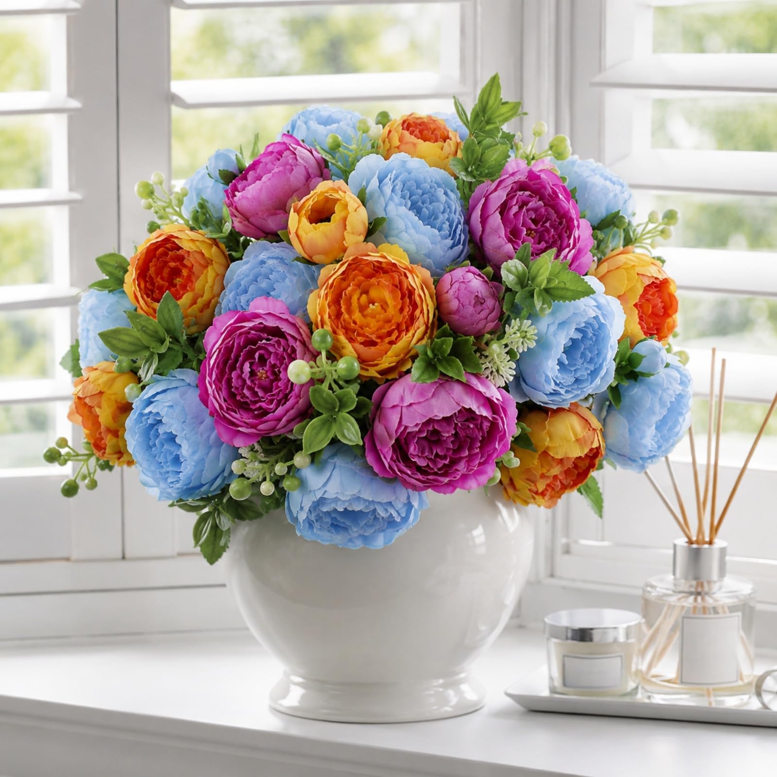 astylishome 3 Bunches Peony Artificial Flowers with Red Purple Blue Fake Peonies Decorative Faux Silk Flower Bouquet for Home Wedding Party Table Centerpiece Decor F4843 — image 1