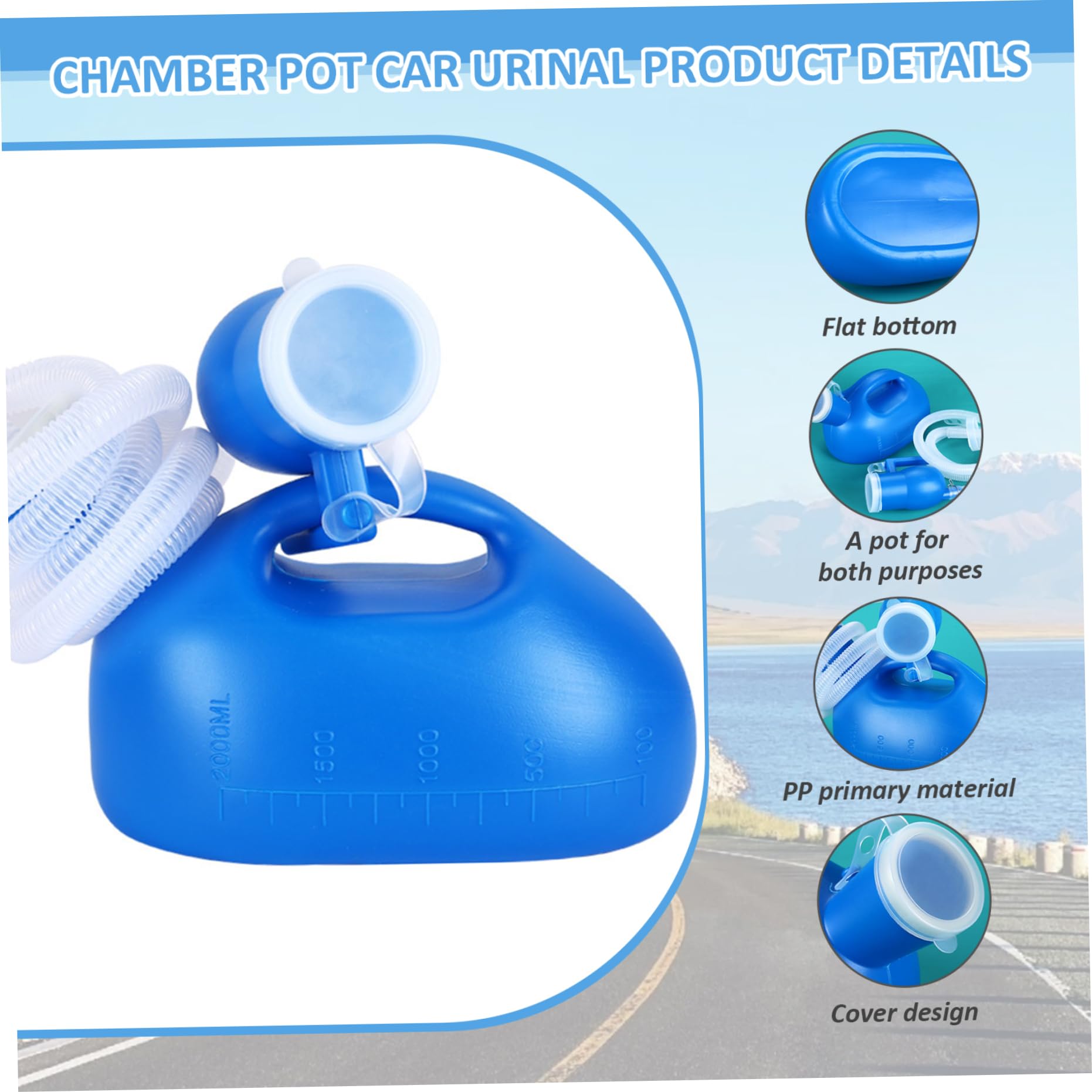 Orinal portátil para hombres, 2000 ml, a prueba de derrames, para viajes, hospitales, automóviles, camioneros, con tapa a escala, tubo de 63 pulgadas de largo, botellas para orinar para orinal mascul