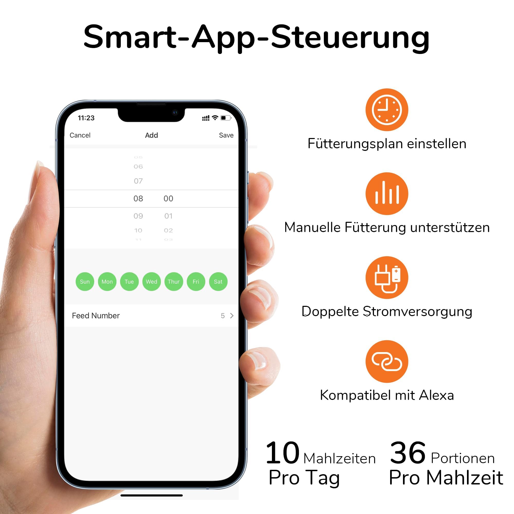 FUKUMARU Futterautomat Katze, 4L Katzenfutter Automat WiFi mit Doppelnäpfen, Automatischer Futterspender Katze/Hunde mit Maßgeschneidert Zeitplan, Akkubetrieben & Kabelgebundene Elektrik, Weiß