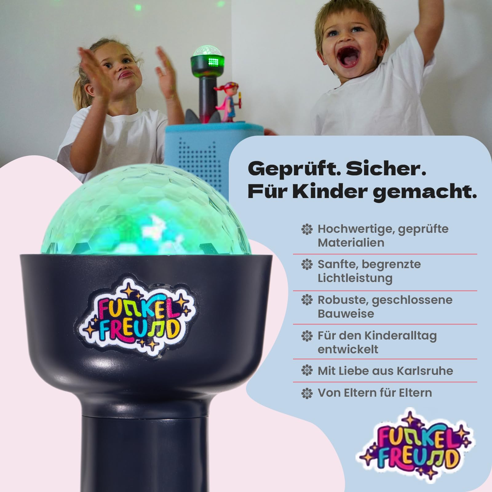 LED Licht für die Toniebox musikgesteuert | Kinderdisco & Nachtlicht | Kompatibel mit Toniebox 1 & 2 | Kabellos, Magnetisch, Ohne App | für Kinder ab 3 (Kinder-Diskolicht + Sticker)