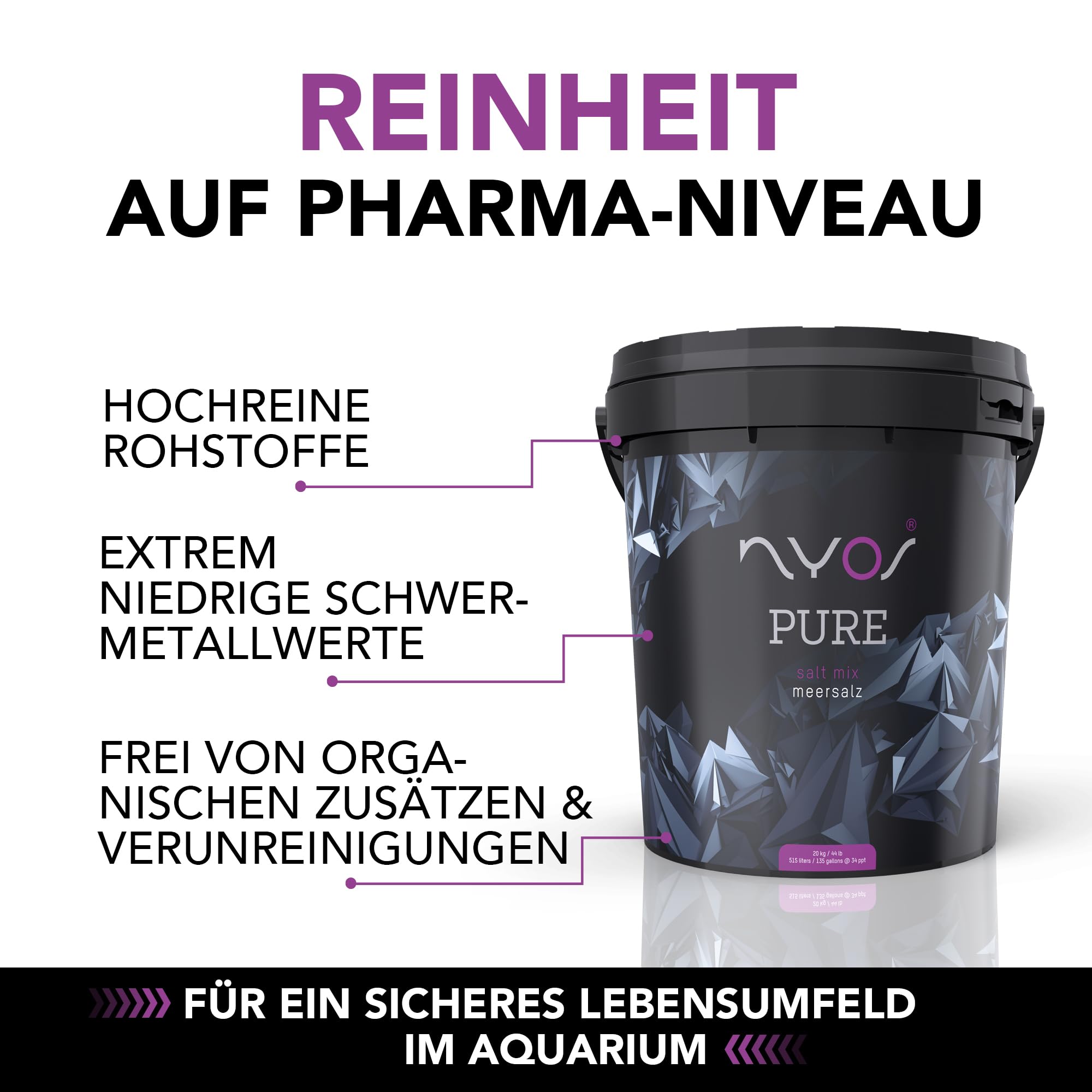 NYOS Pure Meersalz für Meerwasseraquarien - Fördert Korallenfarbe & Wachstum, Schnell löslich, ICP-geprüft, Natürliche Reinheit, 20kg Eimer
