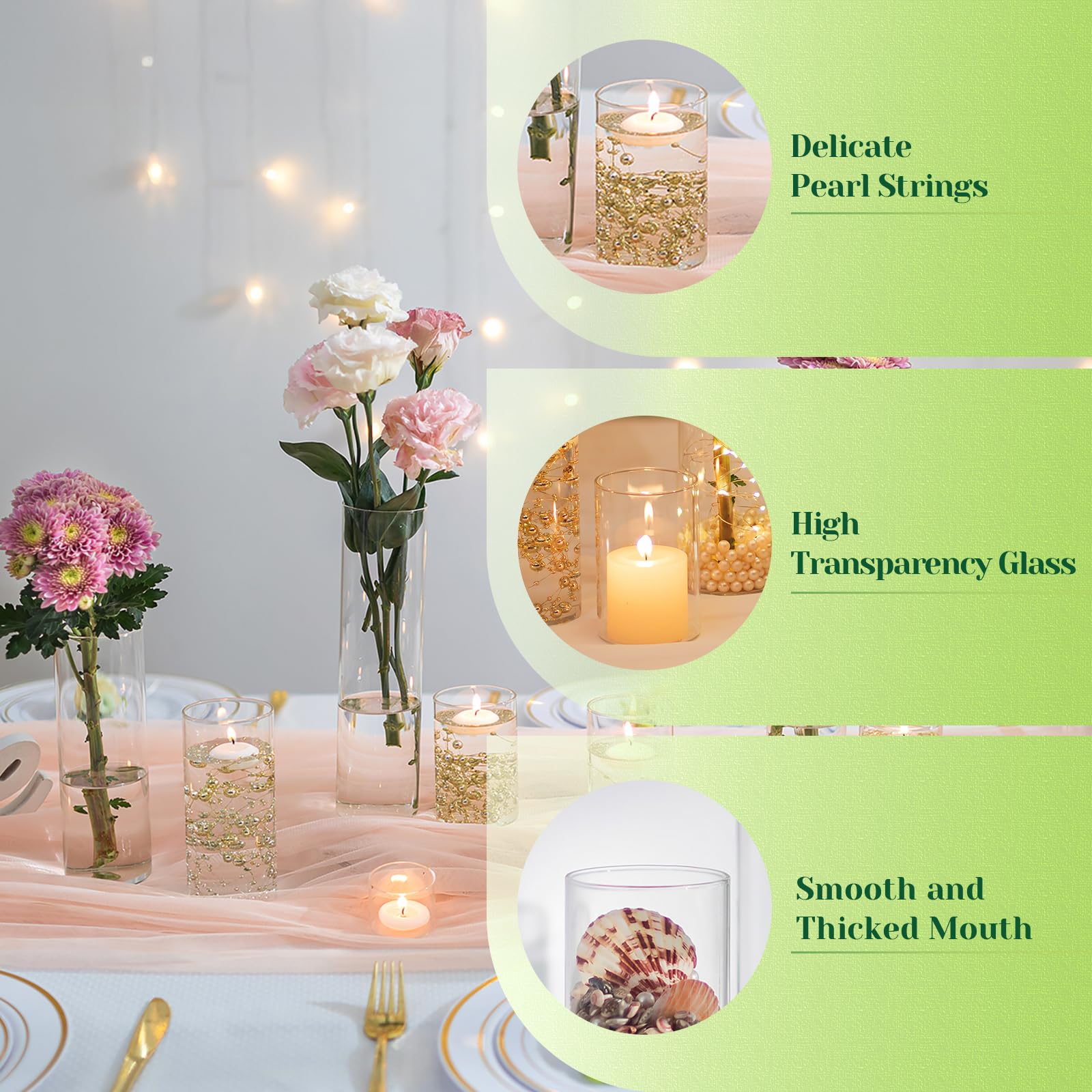 Jarrones Cilindricos de Vidrio para Centro de Mesa: Hewory 12 Jarrones de Cristal Jarrón Cilindrico Vidrio con Hilo de Perlas para Boda Decoracion - Decorativos Portavelas para Decoracion Hogar