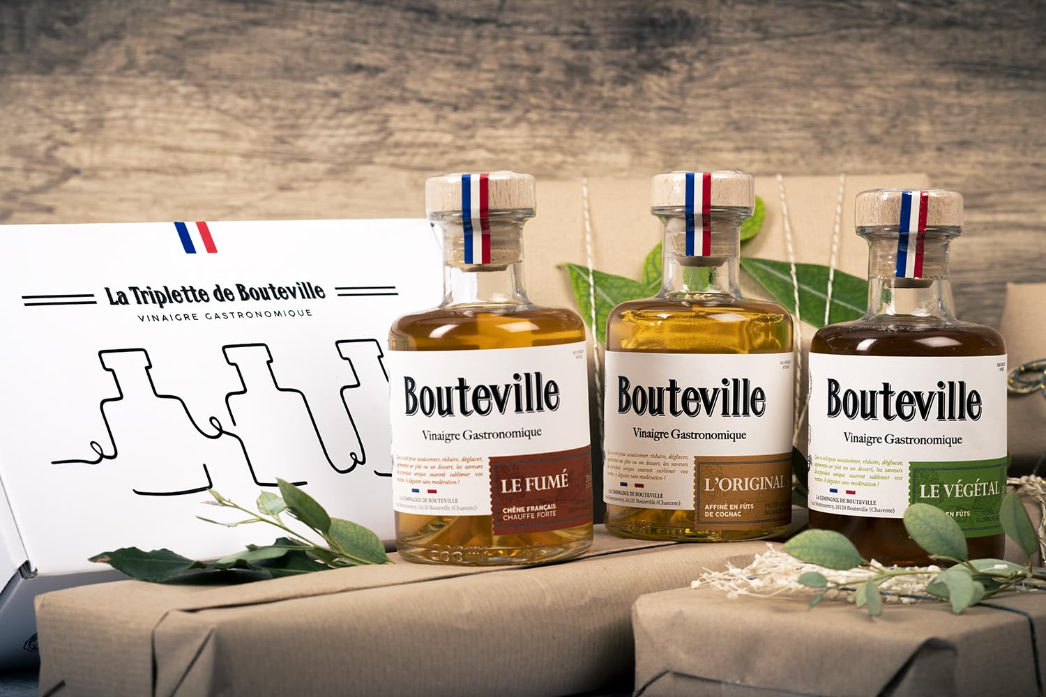 Bouteville Coffret La Triplette de Vinaigres Gastronomiques – Lot de 3 Bouteilles 200ml (Végétal, Original, Fumé) – Saveurs Uniques et Artisanales, Made in France