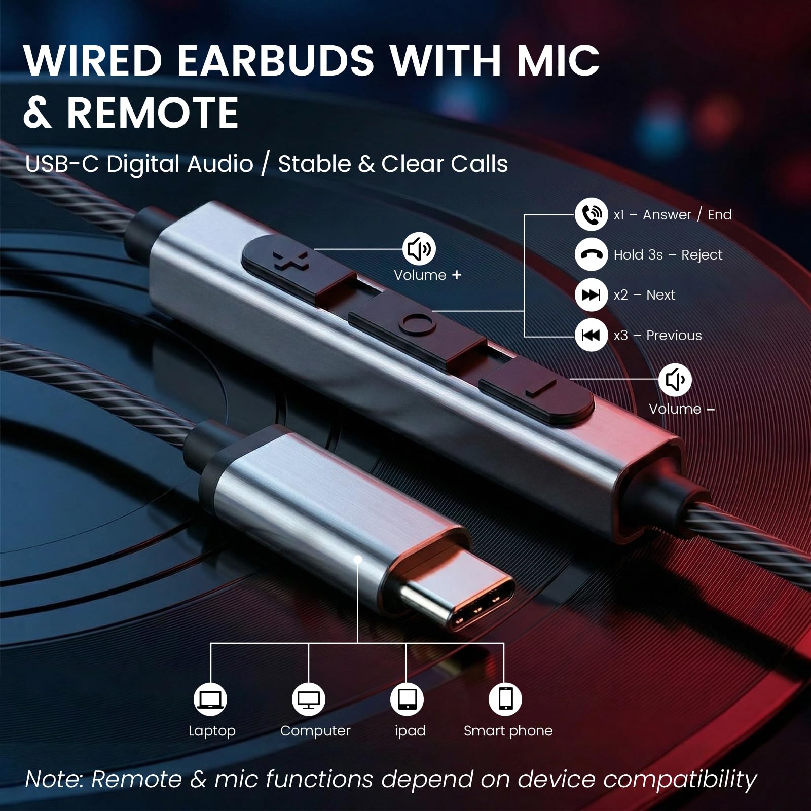 HIFI WALKER A1 Przewodowe słuchawki z mikrofonem, słuchawki douszne USB-C, krystalicznie czysty dźwięk dynamiczny, wysokiej rozdzielczości słuchawki do muzyki i połączeń