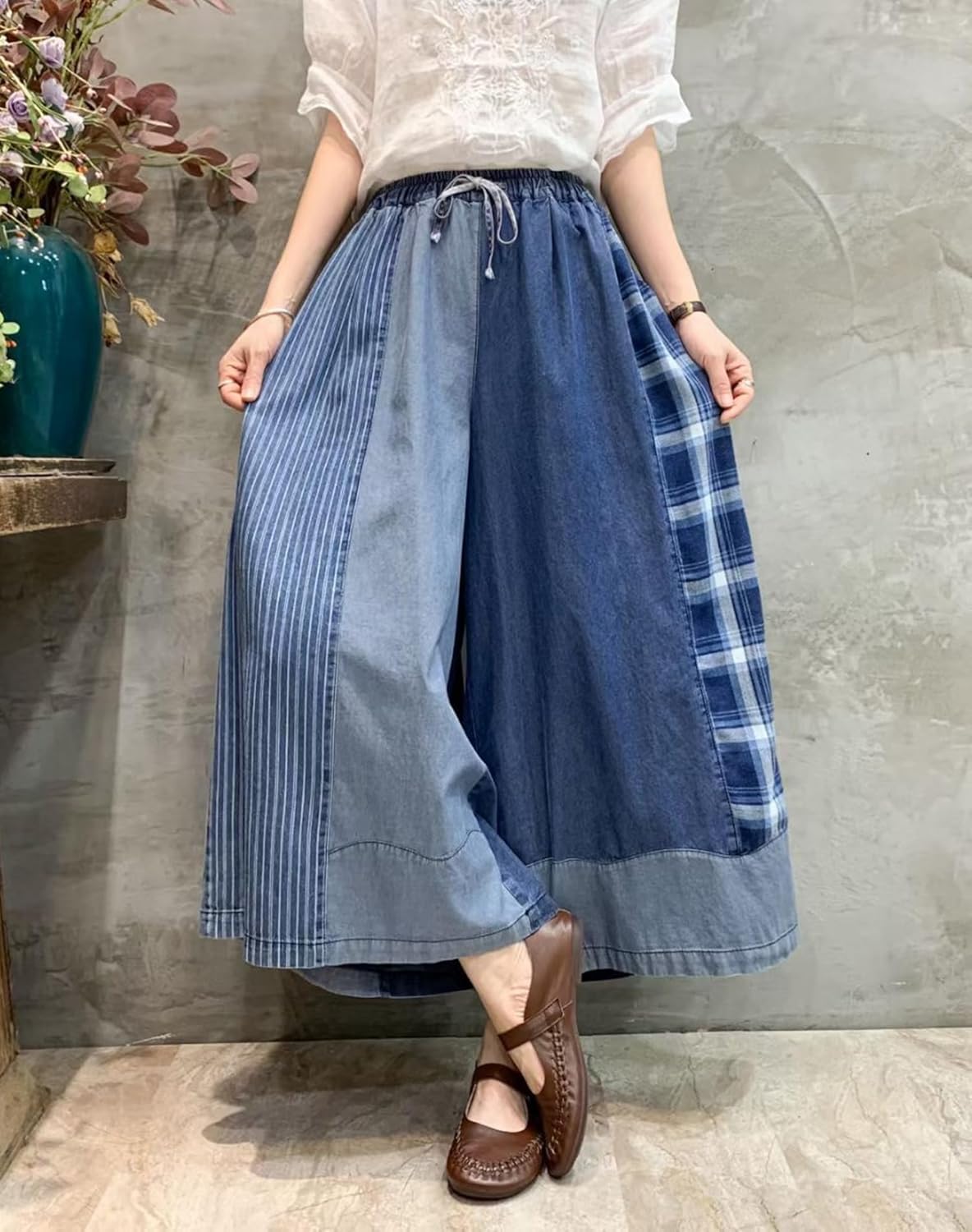 HaoMay Women's Loose Fit Elastic Waist Wide Leg Jeans Palazzo Pants Culottes - Image 4