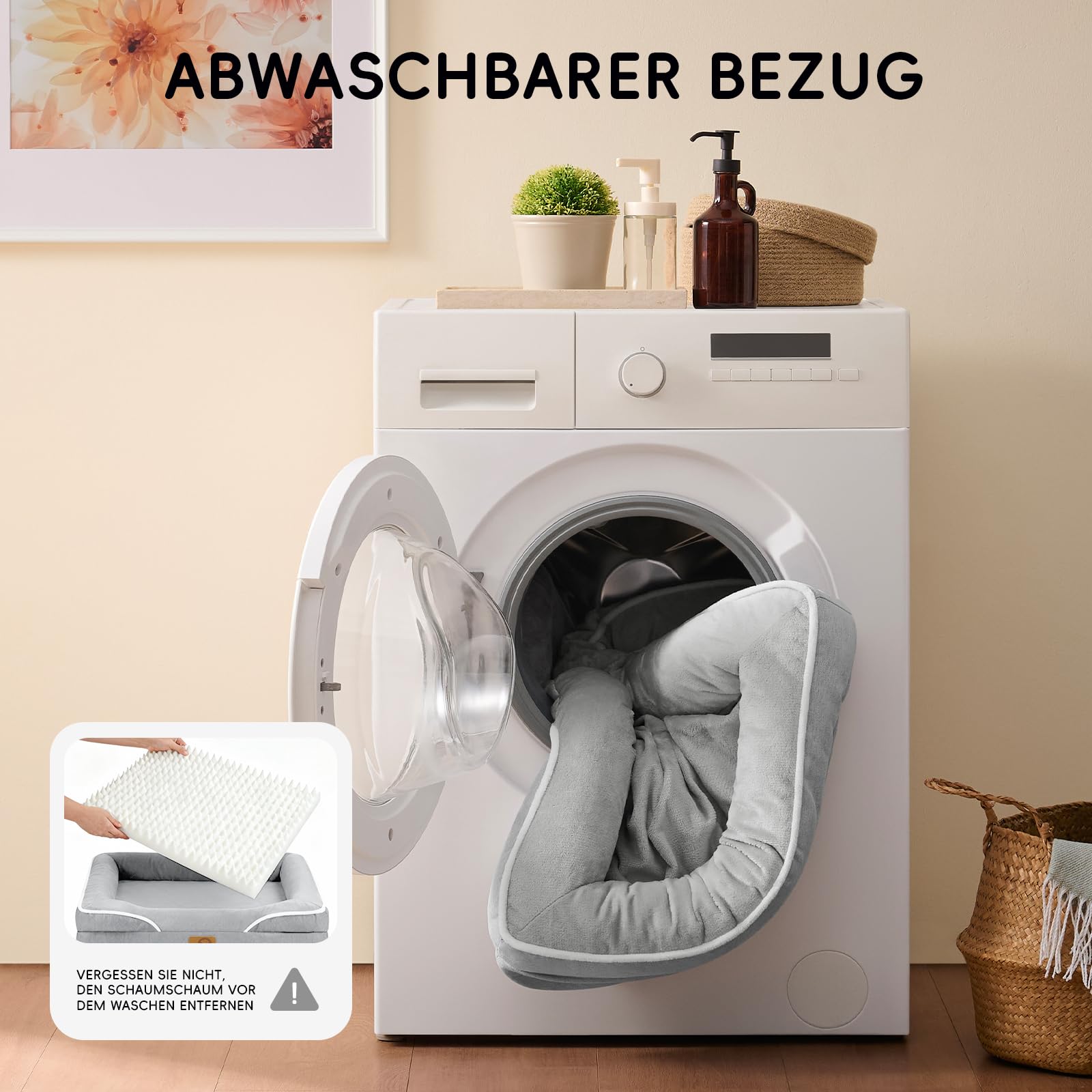 L'AGRATY XL Plus Hundebett, orthopädische Memory-Schaum-Hundebetten, waschbares Hundebett, hellgrau