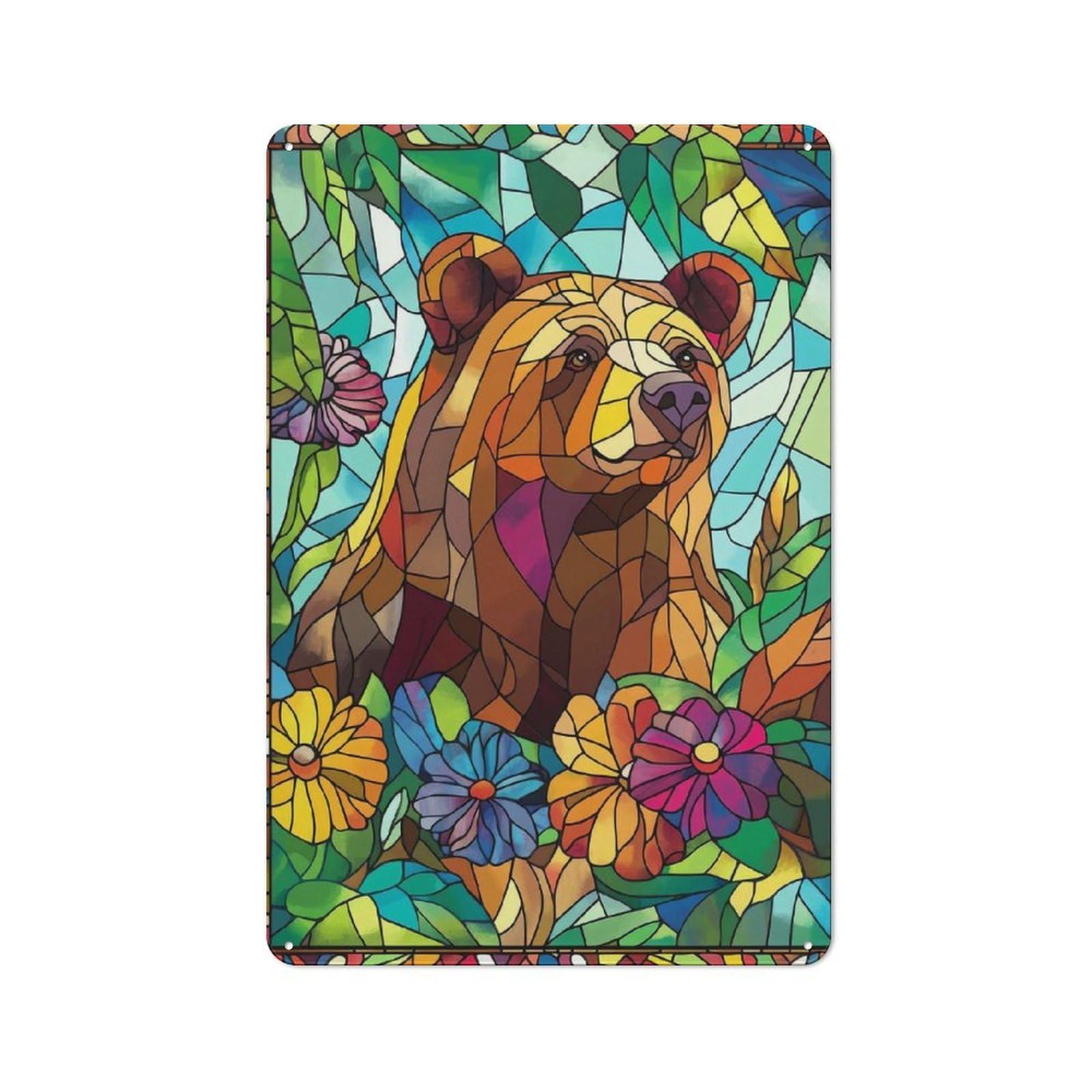 Junmoney Stained Glass Bear Vintage Metal Wall Sign 30X20cm For Garage Or Workshop, For Metal Sign Collectors, For Garage And Workshop Walls