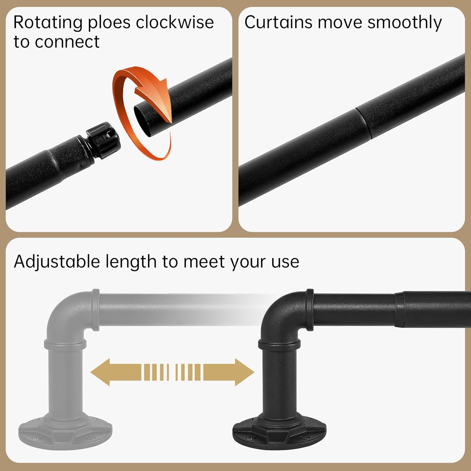 1 Inch Industrial Curtain Rods for Windows 48 to 84 Inches, Blackout Wrap Around Curtain Rod, for Indoor and Outdoor, 35 to 75 Inches, Black