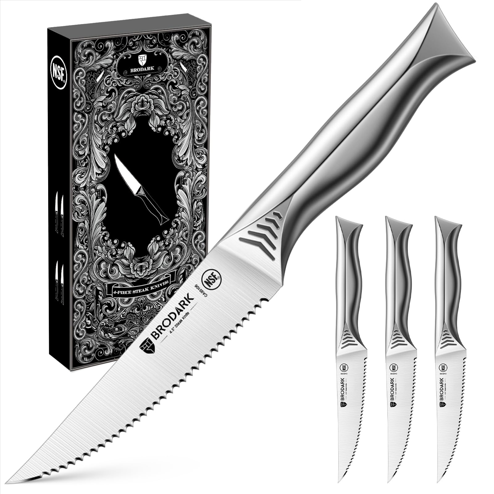 BRODARK Steak Knives Set of 4: 4.5 Inch Serrated Steak Knives - High Carbon Stainless Steel Kitchen Steak Knife Set - Never Need Sharpening - NSF Certified, Shark Series