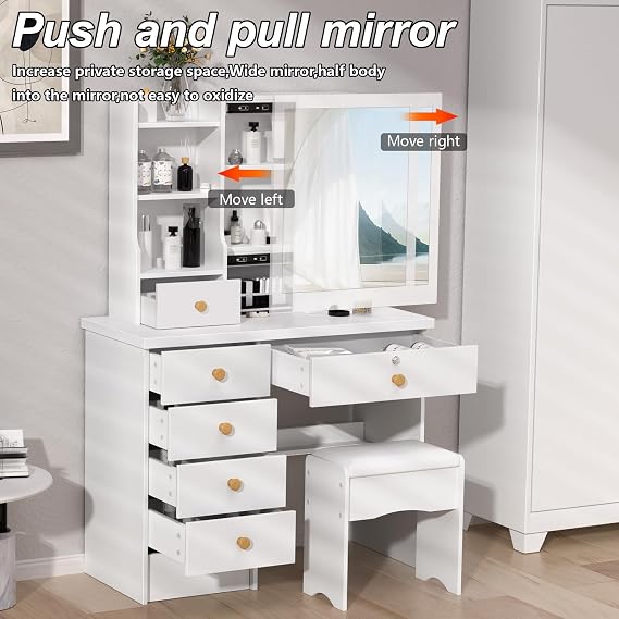 White Dressing Table with Mirror and Stool, Girls Dressing Table with Drawers, Make Up Table Girls Vanity Table Set with Mirror, Open Shelves, Hidden Storage Space