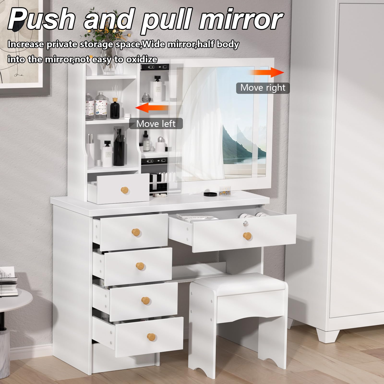 Coiffeuse avec Miroir Coulissant, Table de Maquillage avec 6 tiroirs et 6 étagères de Rangement, Coiffeuse Moderne avec Miroir et Tabouret pour Chambre