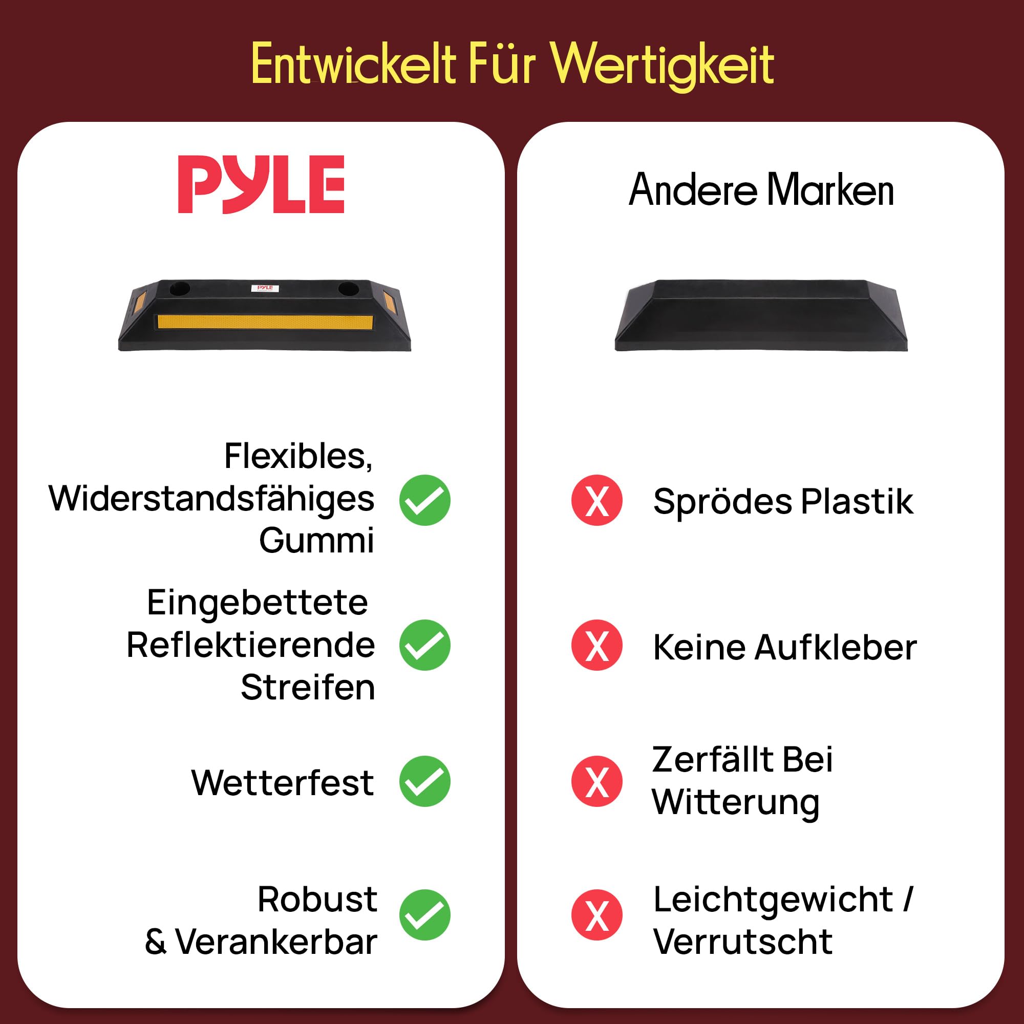 Pyle Parkplatzbegrenzung Anfahrtschutz Set – Garagenstopper für das Auto ohne zu Bohren oder mit Befestigungsmöglichkeit, Radstopper aus Hartgummi, Garagen Parkhilfe mit Reflektionsstreifen, 4er Pack
