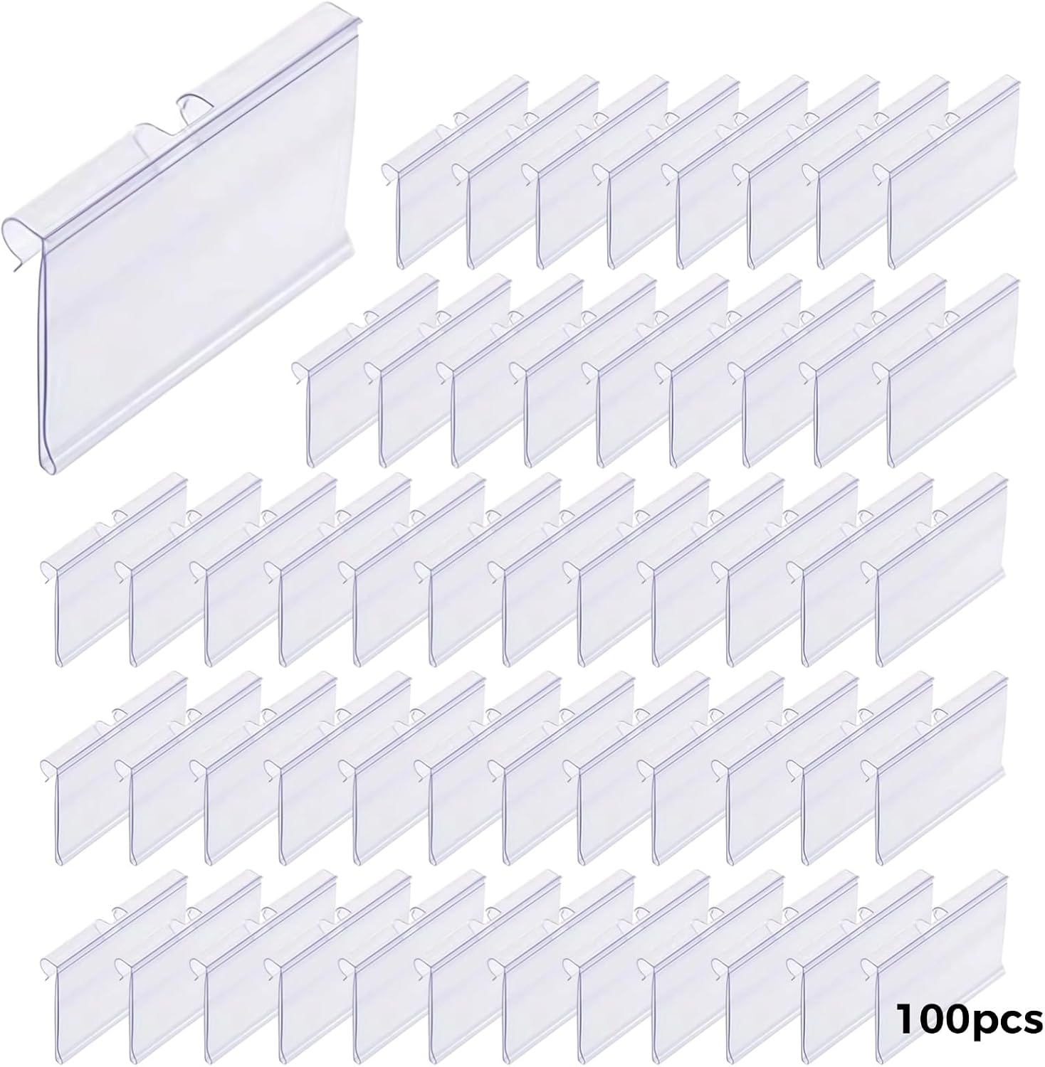 100 szt. plastikowych uchwytów na etykiety z drutu, 6 x 4,3 cm, przezroczysty uchwyt na znak detaliczny z PCW, wielokrotnego użytku, na półki sklepowe, 6 x 4,2 cm