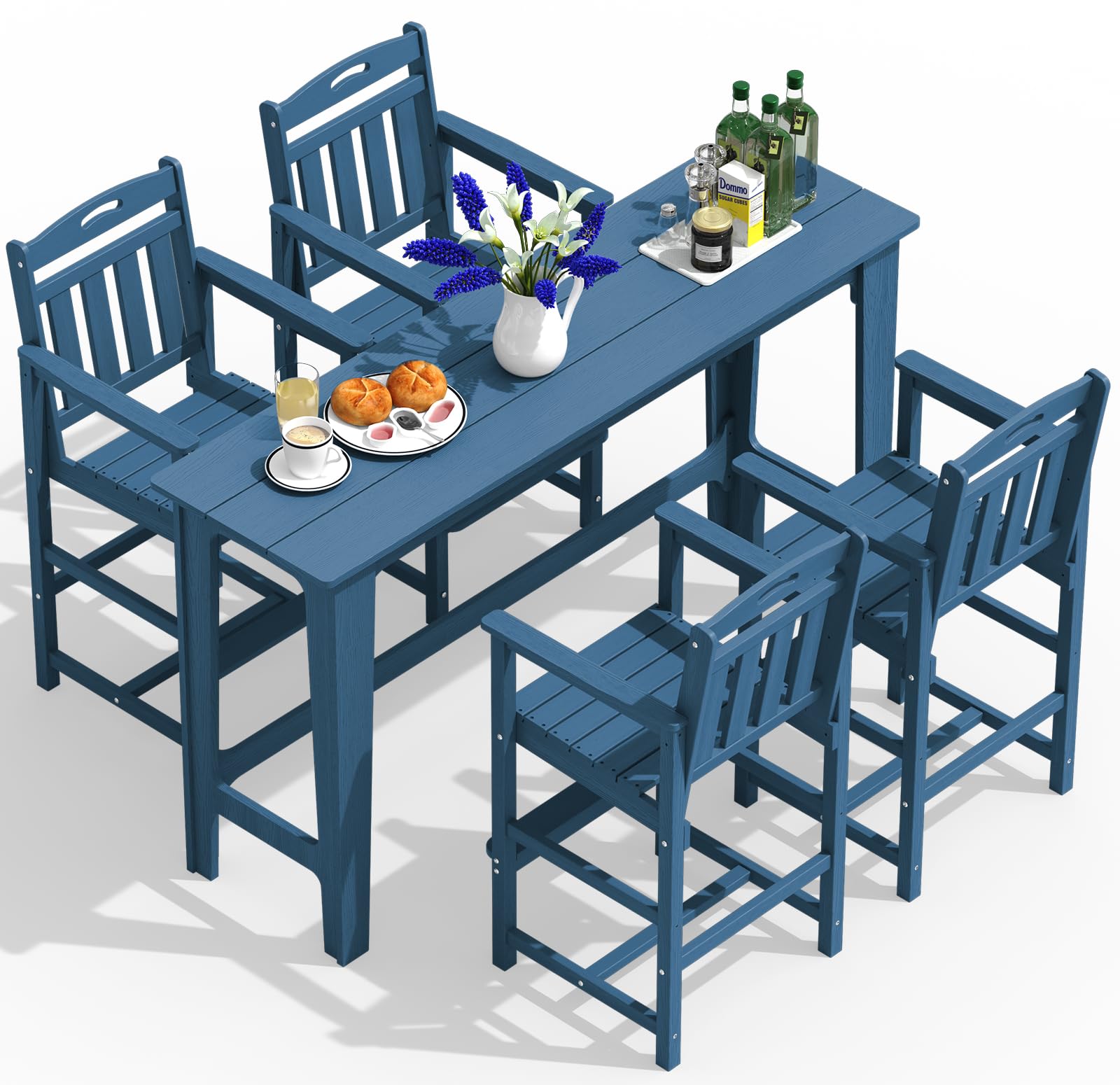 Outdoor Patio Bar Height Table and Tall Adirondack Chairs Set of 4, All-Weather HDPE High Top Rectangle Pub Furniture for Outside Balcony Bistro Backyard Pool Deck | 5-Pieces, Navy Blue