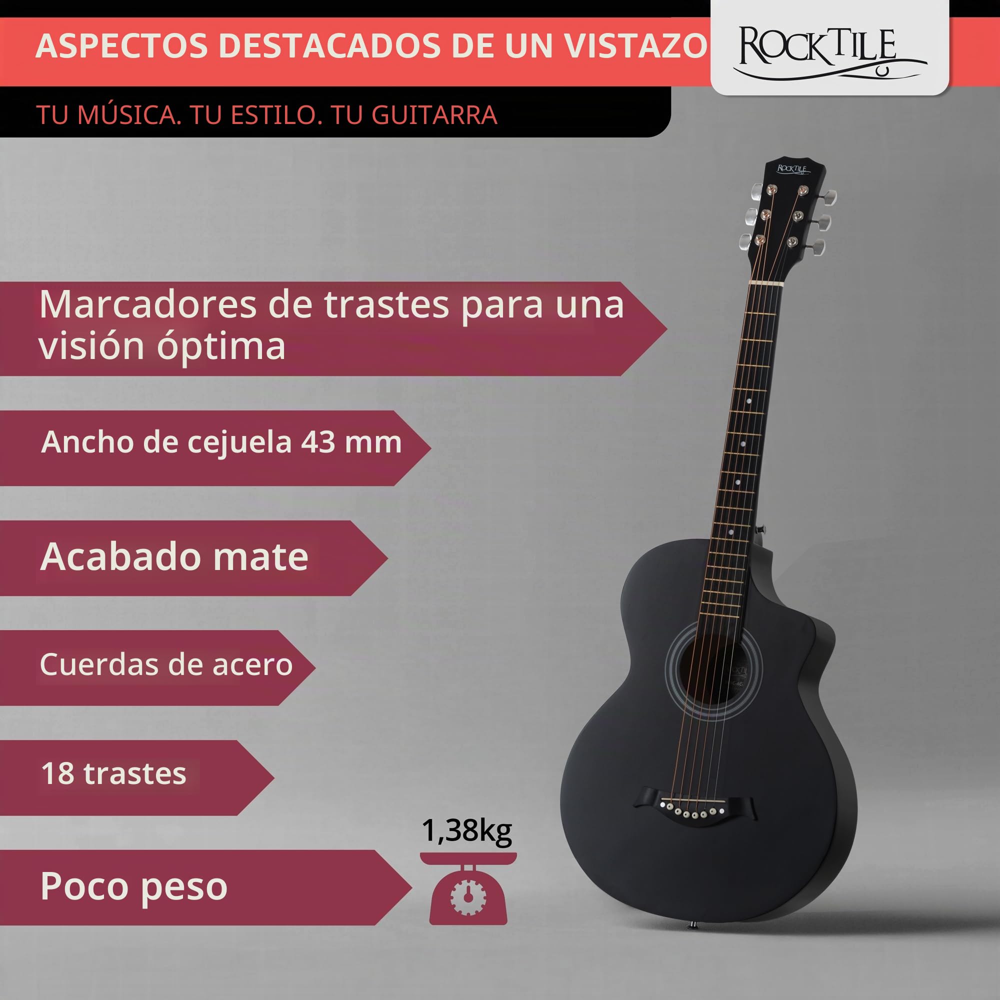 Rocktile WSC-4C-BK Guitarra Western Negra, General, Modelo: WSC-4C-BK | Peso: 1, 38 kg, Cuerdas: 6, Orientación: Diestros, Cuerpo, Forma del cuerpo: Concert con Cutaway, Tapa: Tilo, Mástil