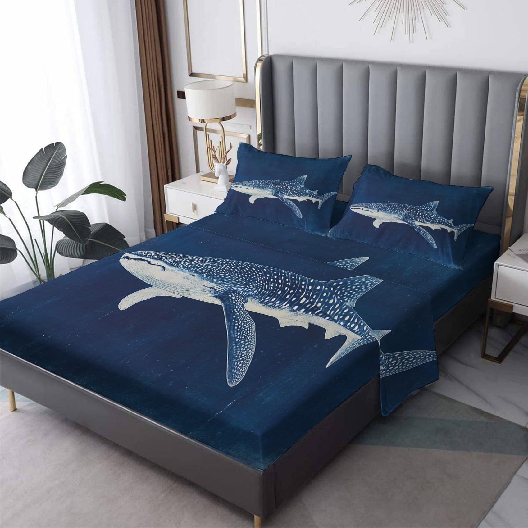 Zvynqour Whales Bed Sheets Queen Size - Orcinus Orca Sheet Set - Deep Pocket Fitted Sheets & Flat Sheet & Pillowcases 4 Piece - Marine Life Bedding & Decor - Soft Brushed Microfibe
