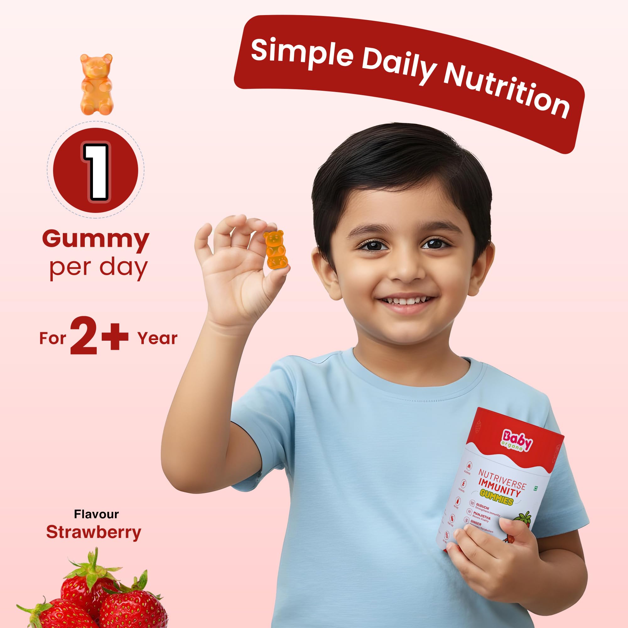 BabyOrgano Nutriverse Immunity Gummies for Kids (2-15 Years) | 4+ Ayurveda-Inspired Herbs | Boosts Stamina, Energy & Vitality | Gelatin-Free, Gluten-Free, Soy-Free | Strawberry Flavor | 30 Gummies - Image 6 thumbnail