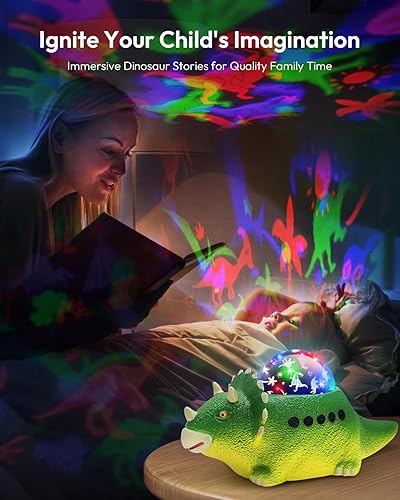 Miniatura 2 de Proyector de luz nocturna de dinosaurio para niños, 8 colores cambiantes, 14 sonidos de sueño, rotación de 360°, luces de proyección para