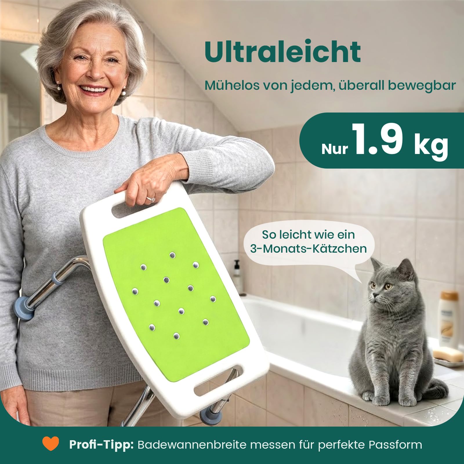 LC02 Duschhocker für Senioren, Rutschfester höhenverstellbarer Duschsitz bis 158 kg, Leichter Duschstuhl mit Griffausschnitten, für Schwangere und Personen mit eingeschränkter Mobilität