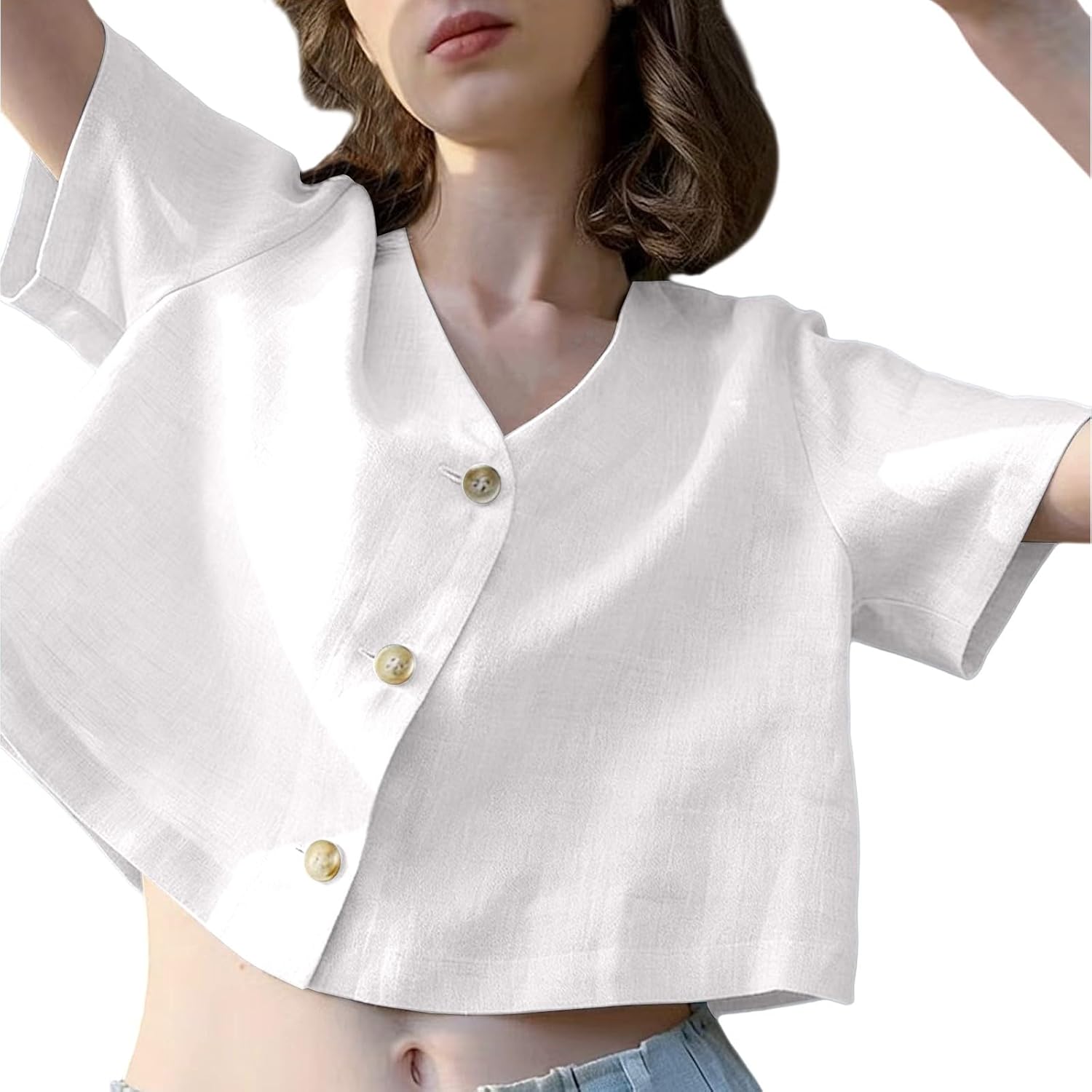 Heevina Button Down Shirts for Women Womens Tops Solid Color Short Sleeve V Neck Crop Top Summer Shirt Going Out