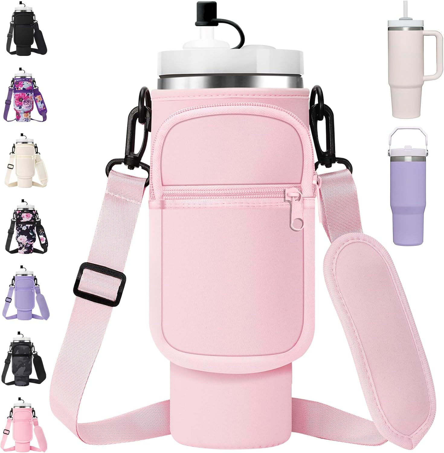 AceTreker Water Bottle Carrier Bag with Strap for Stanley 40/30 oz Tumbler Neoprene Insulated Cup Holder Sleeve with Phone Pocket & Straw Cover for Stanley Cup Accessories