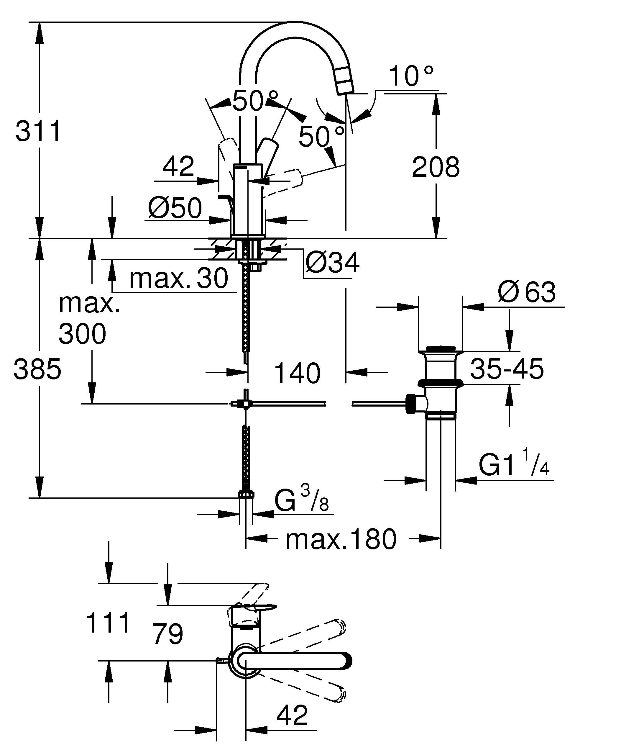 GROHE Start, Waschtischarmatur hoch, wassersparend (Wasserhahn für das Bad, schwenkbar, Zugstangen-Ablauf, 31cm hoch, mit 3in1 Werkzeug, einfache Installation am Waschbecken), schwarz, 242032432
