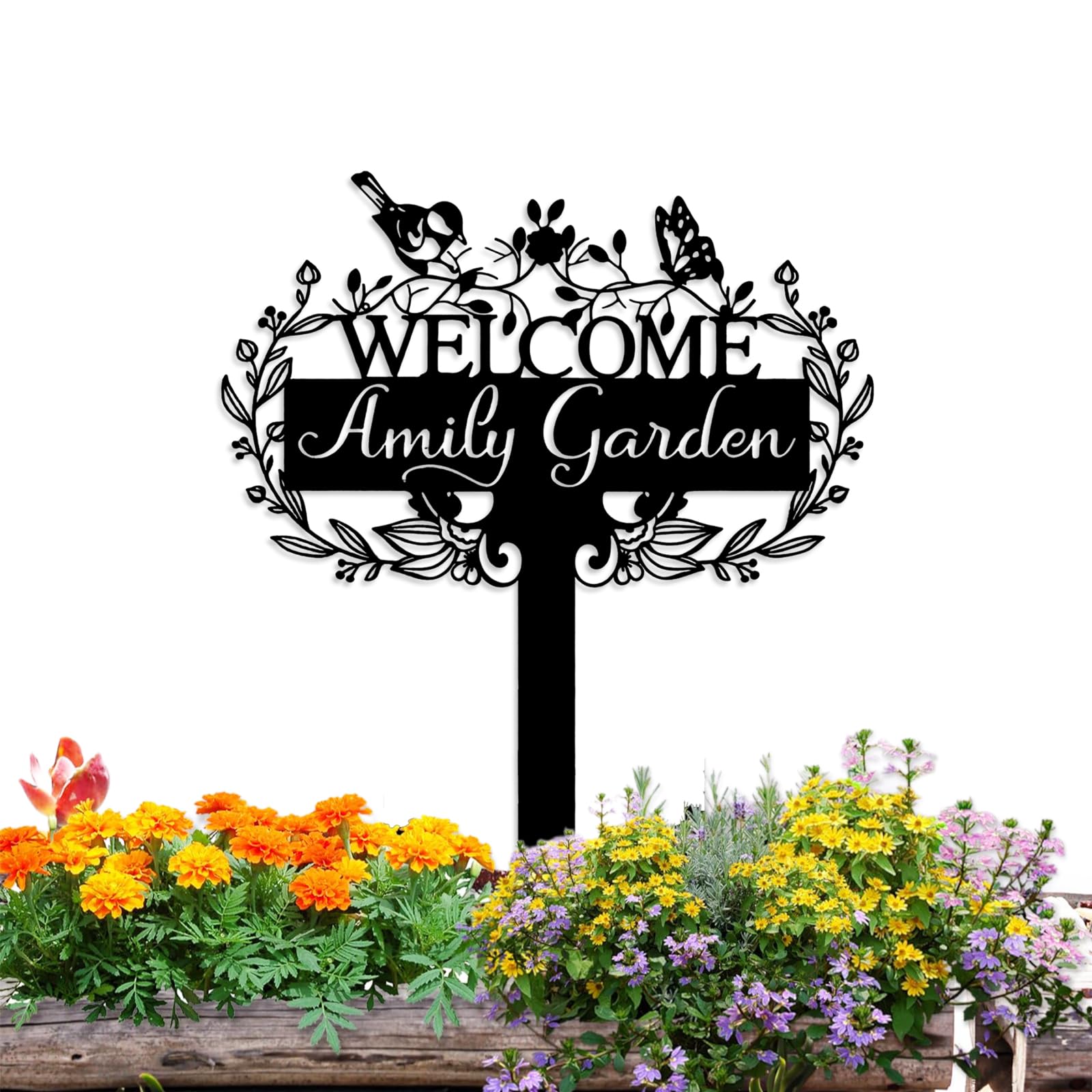 Custom Metal Garden Sign | Customized Butterfly Bird Garden Name Sign | Personalized Garden Signs | Metal Yard Sign Stakes | Personalized Metal Signs