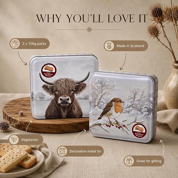 Scottish Shortbread Fingers Gift Tins | 2 x 200g Butter Biscuits | Highland Cow & Robin Decorative Tins | Made in Scotland | Christmas Gift Stocking Filler Afternoon Tea | Set of 2